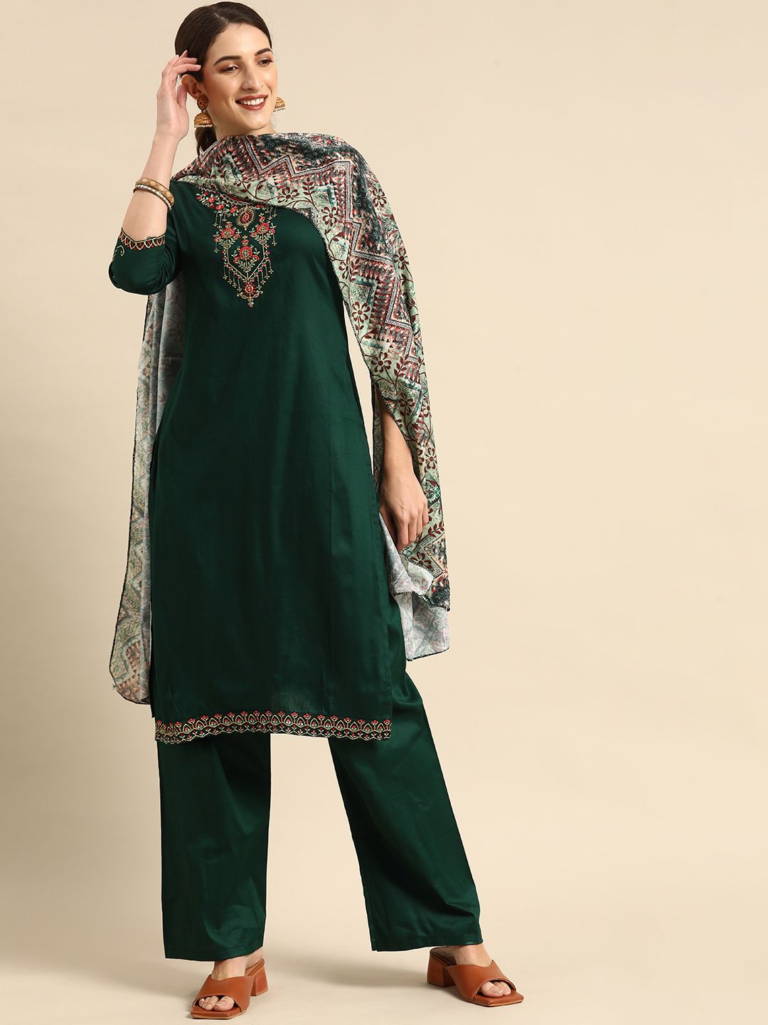 Shaily Green & Pink Embroidered Unstitched Dress Material Price in India