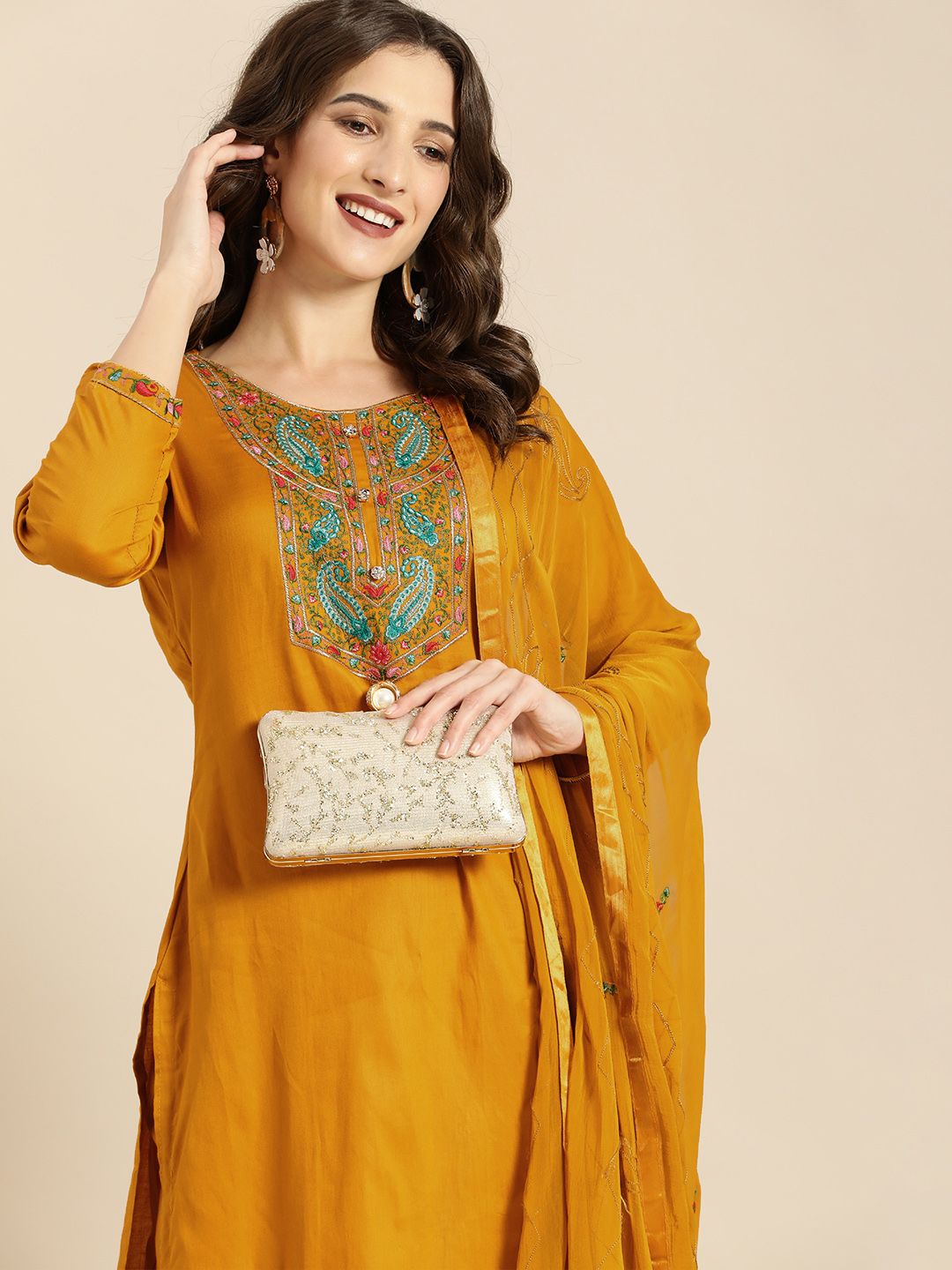 Shaily Mustard & Green Embroidered Pure Cotton Unstitched Dress Material Price in India