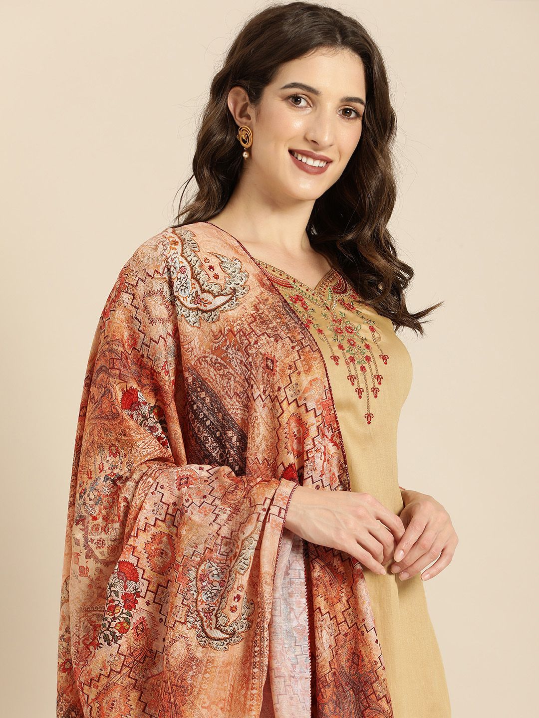 Shaily Beige Embroidered Unstitched Dress Material Price in India