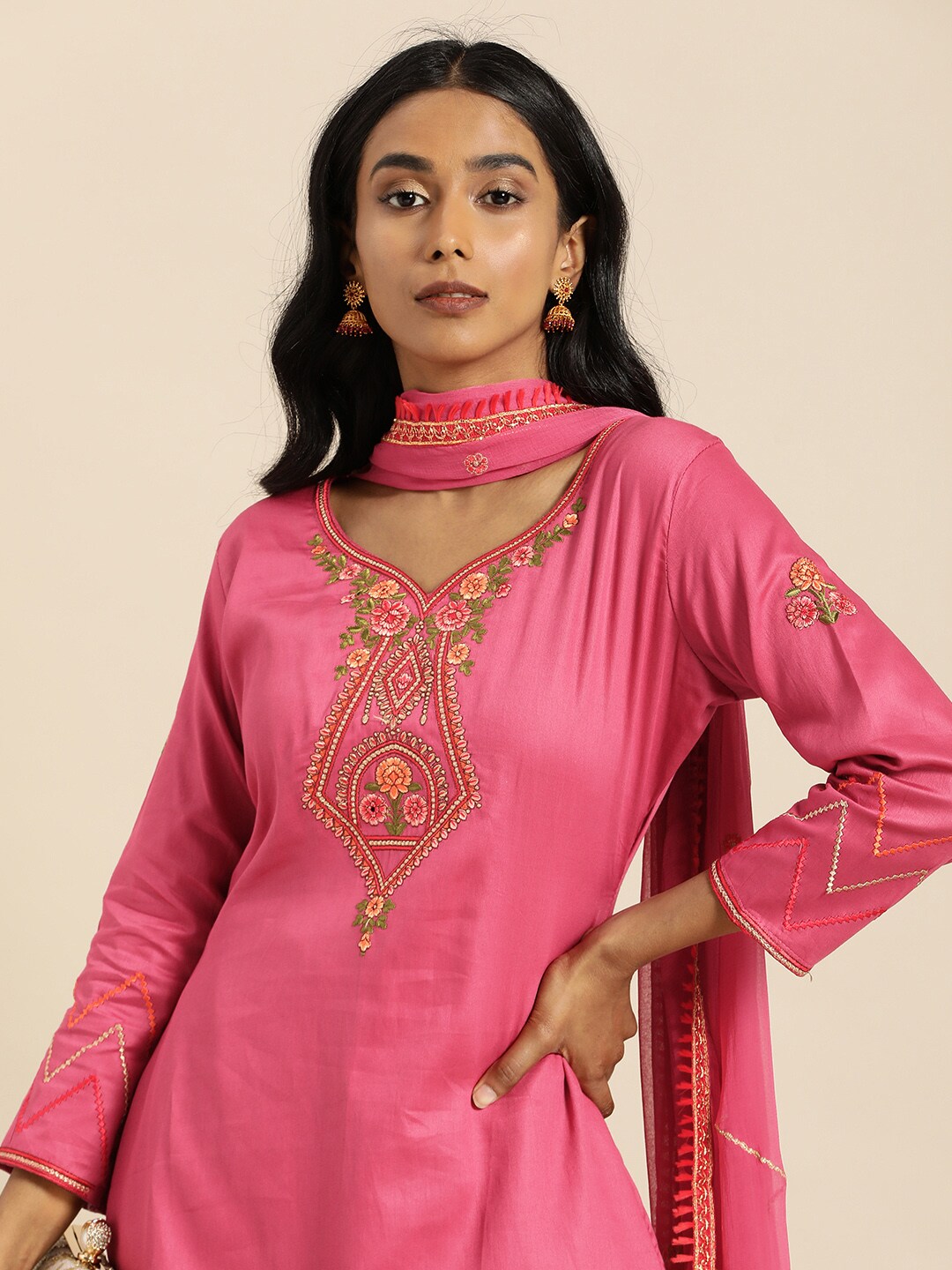 Shaily Pink Embroidered Pure Cotton Unstitched Dress Material Price in India