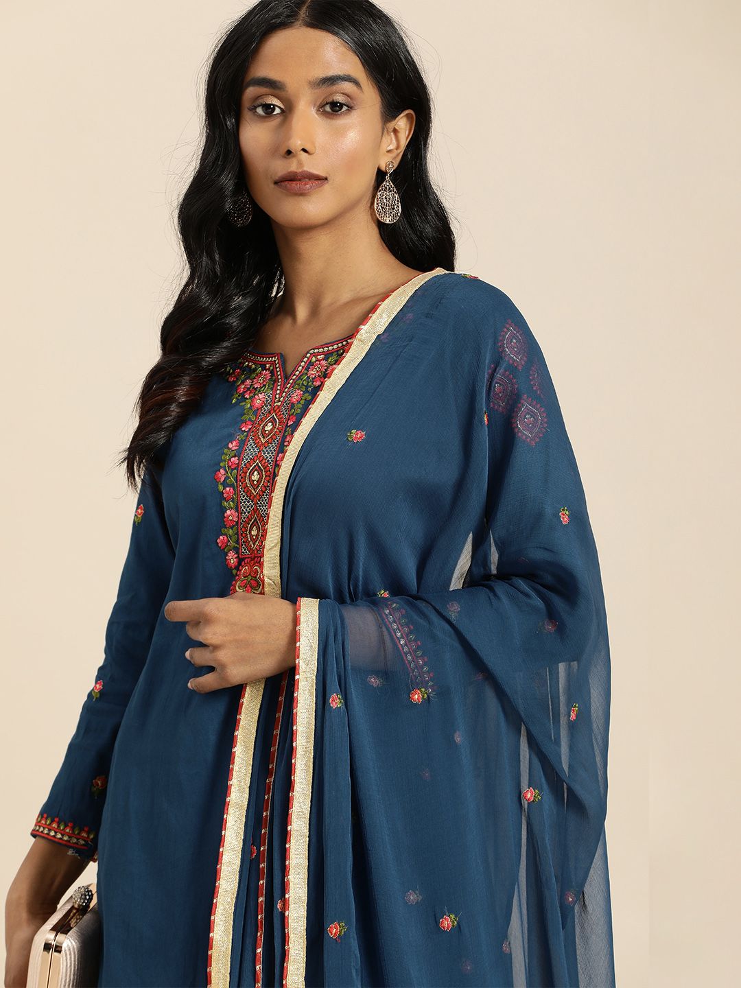 Shaily Turquoise Blue Embroidered Pure Cotton Unstitched Dress Material Price in India