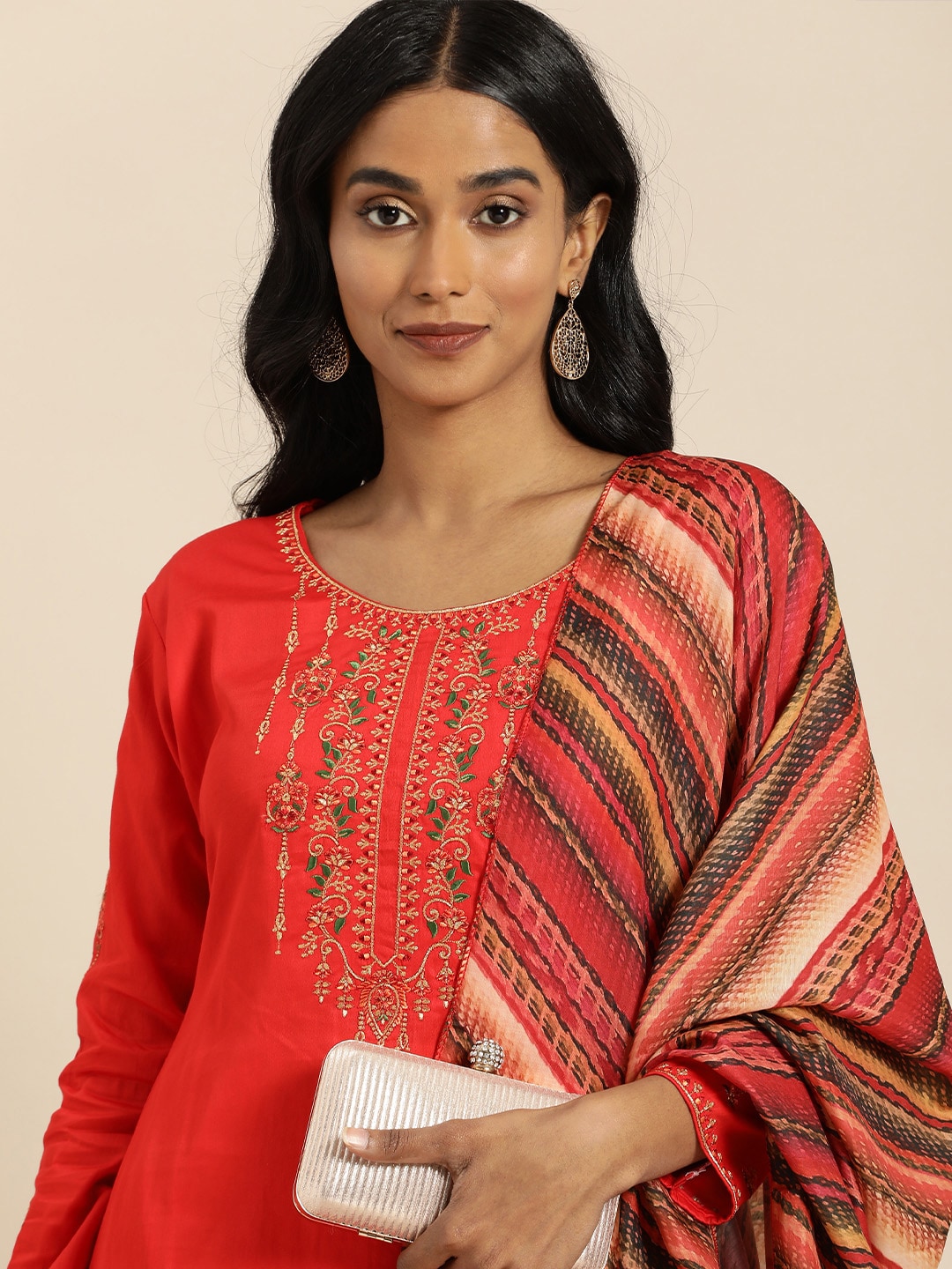 Shaily Red Embroidered Unstitched Dress Material Price in India