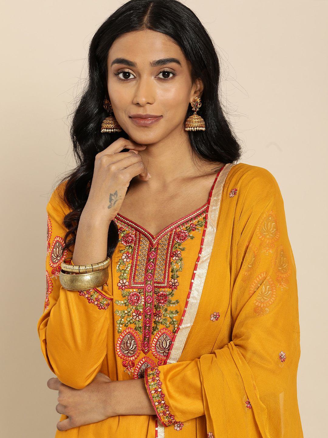 Shaily Mustard Embroidered Pure Cotton Unstitched Dress Material Price in India