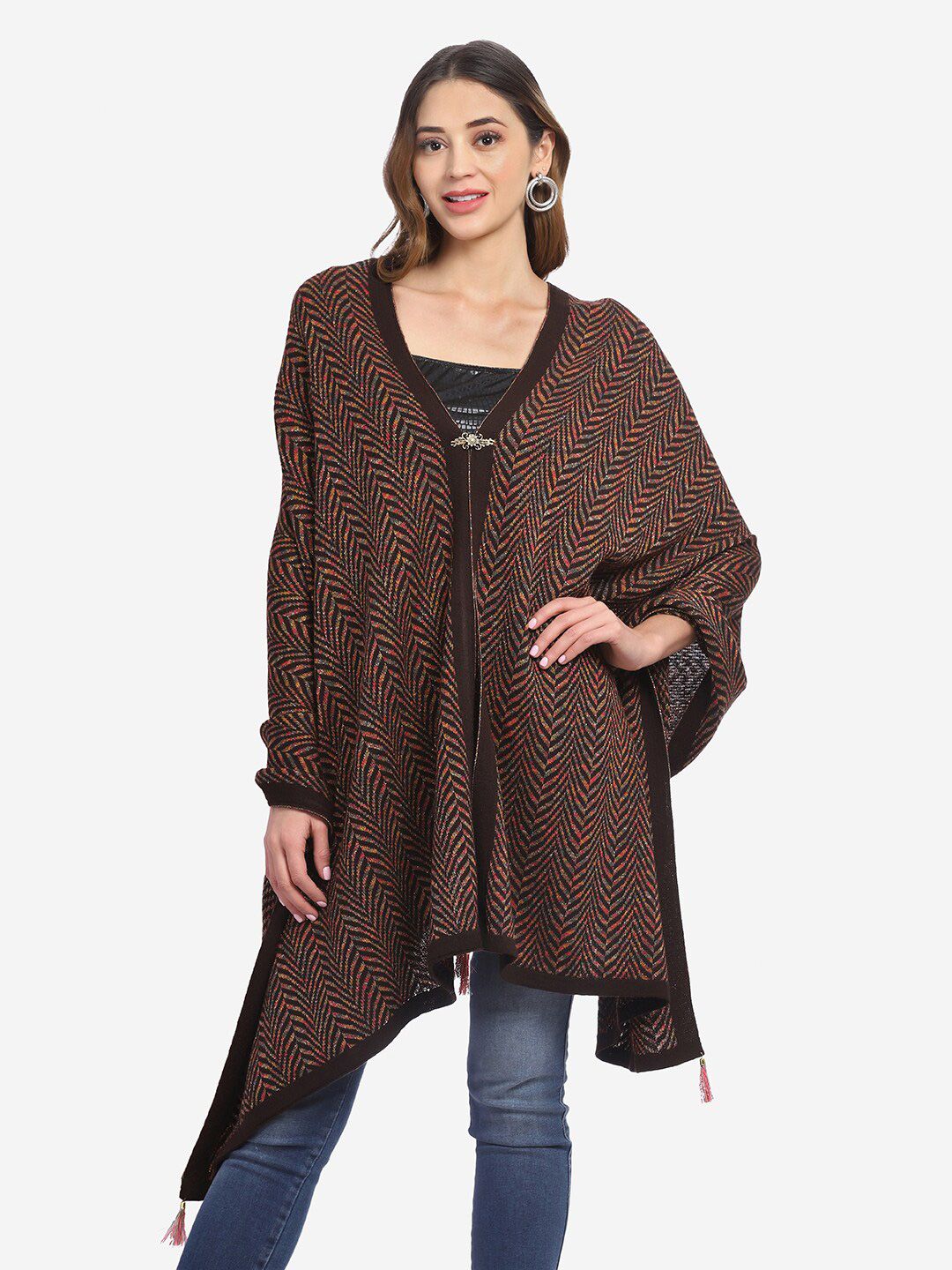 Saanjh Women Brown Self Design Wool Poncho Price in India