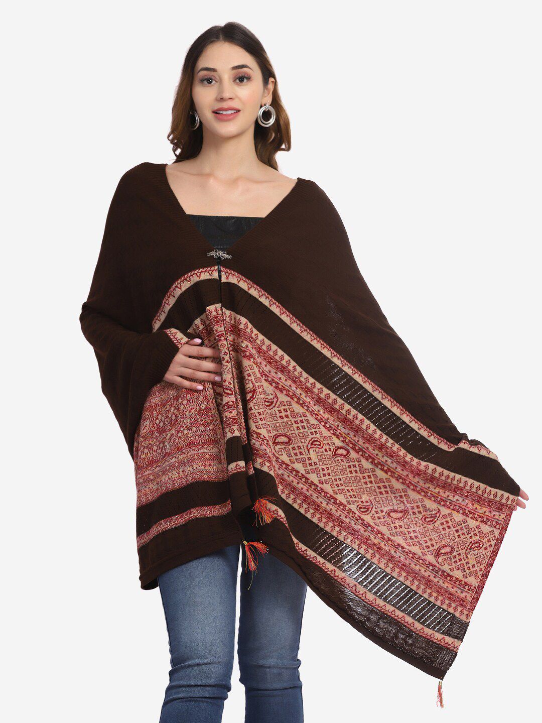 Saanjh Women Brown & Cream-Coloured Ethnic Motifs Knitted V-Neck Woolen Longline Poncho Price in India