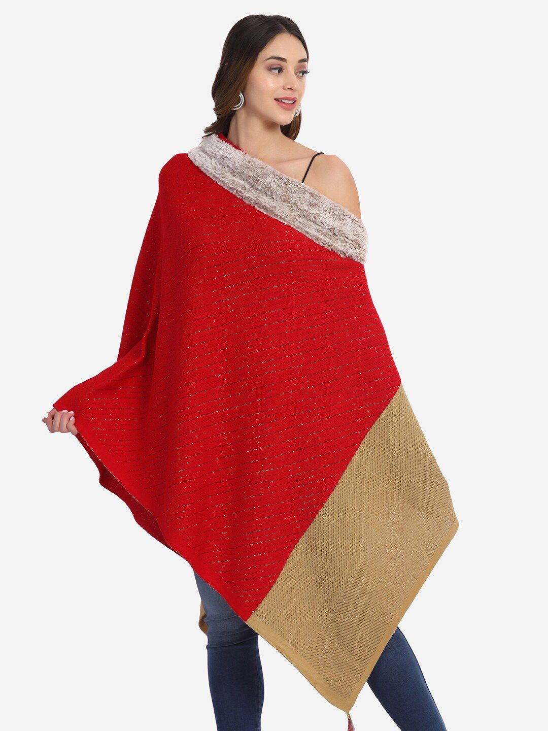 Saanjh Women Red & Tan Colourblocked Poncho Price in India