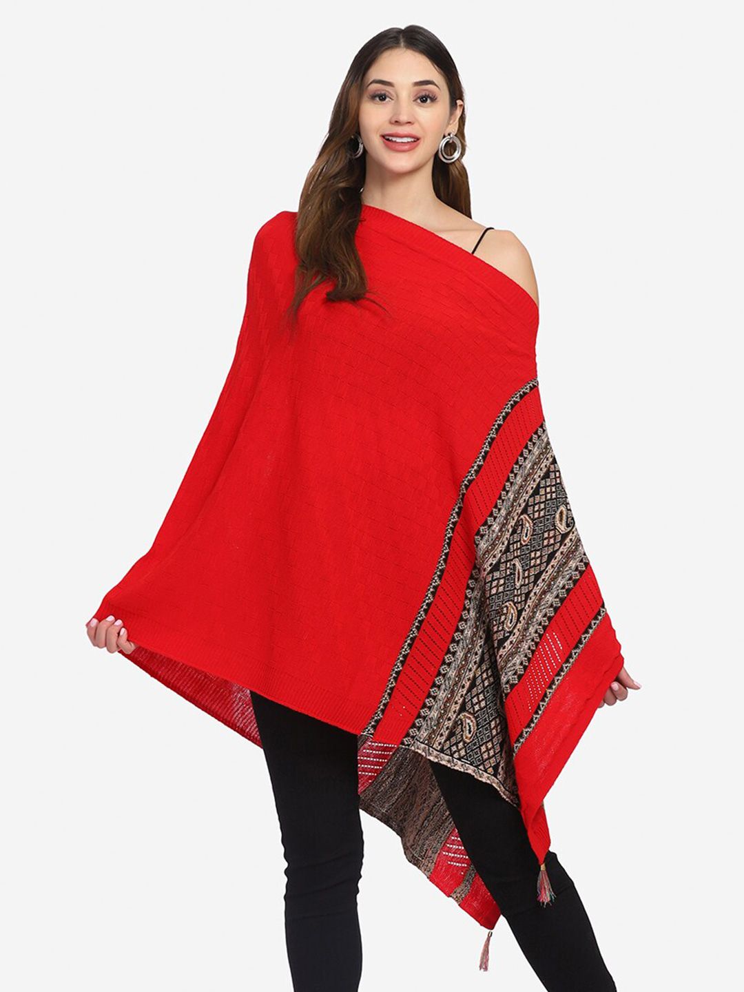 Saanjh Women Red & Black Wool Poncho Price in India