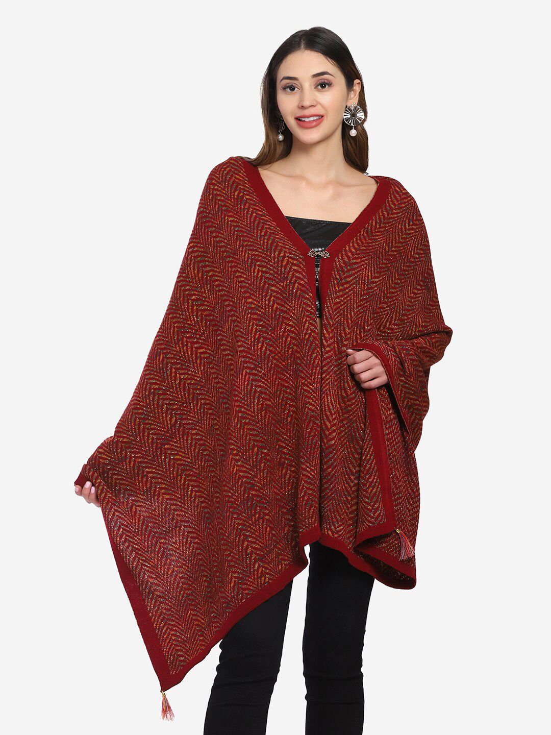 Saanjh Women Maroon & Green Self Design Wool Poncho Price in India