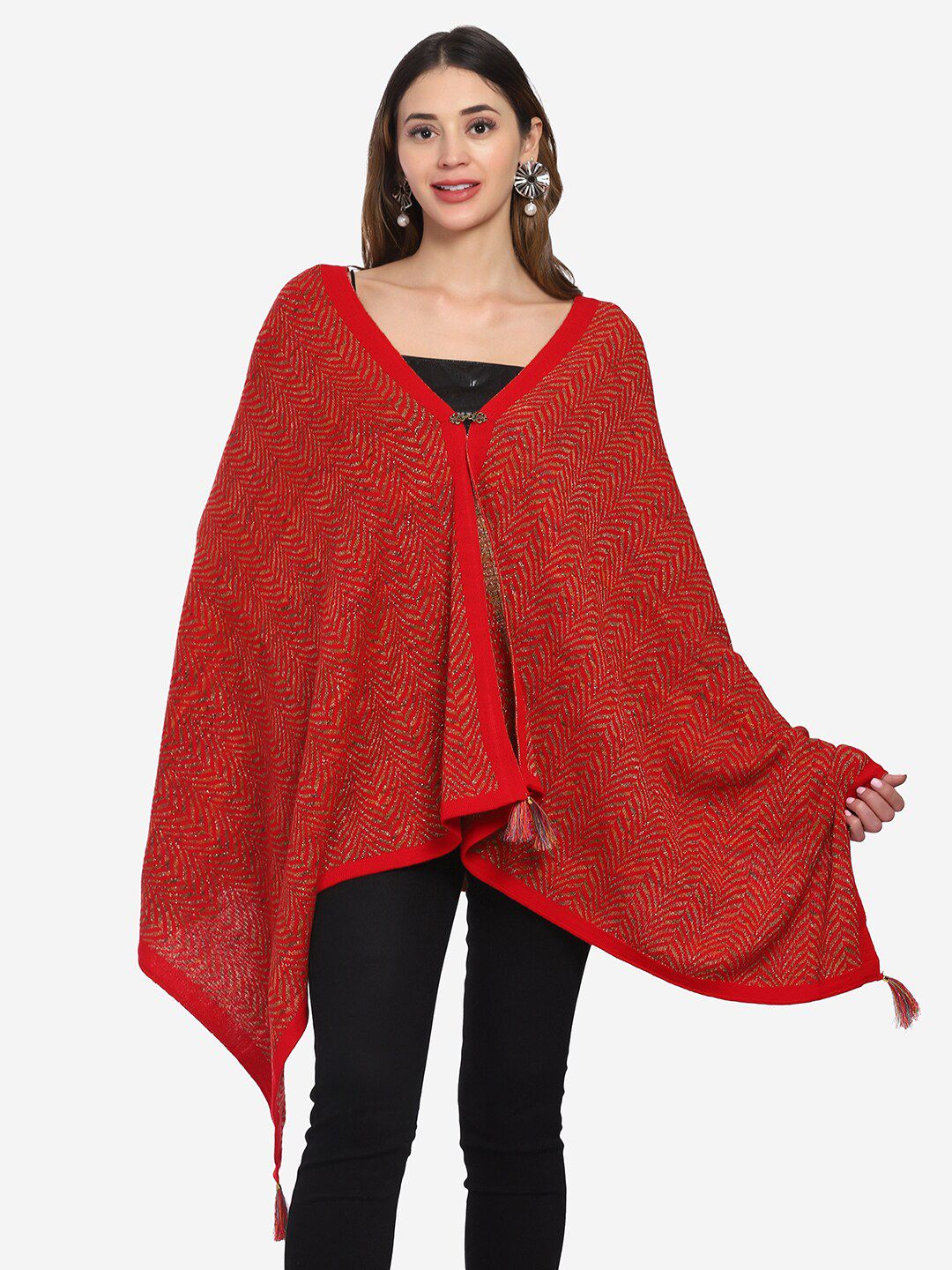 Saanjh Women Red Chevron Poncho Price in India