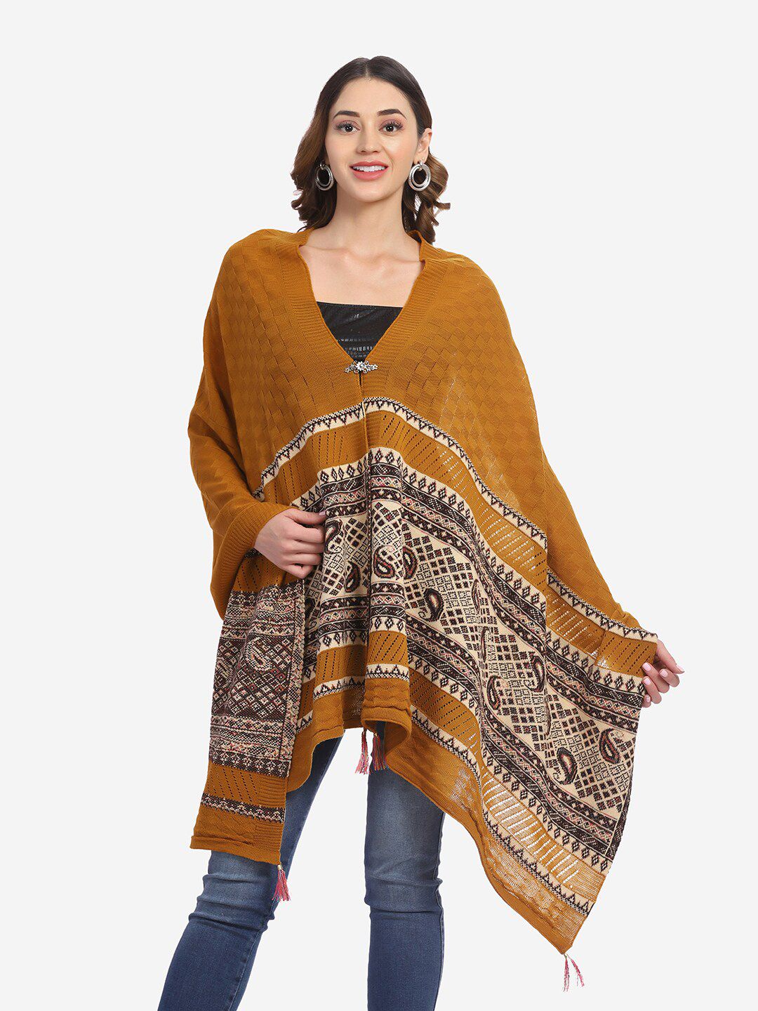 Saanjh Women Mustard & Beige  Ethnic Motifs Woven Design Poncho Price in India