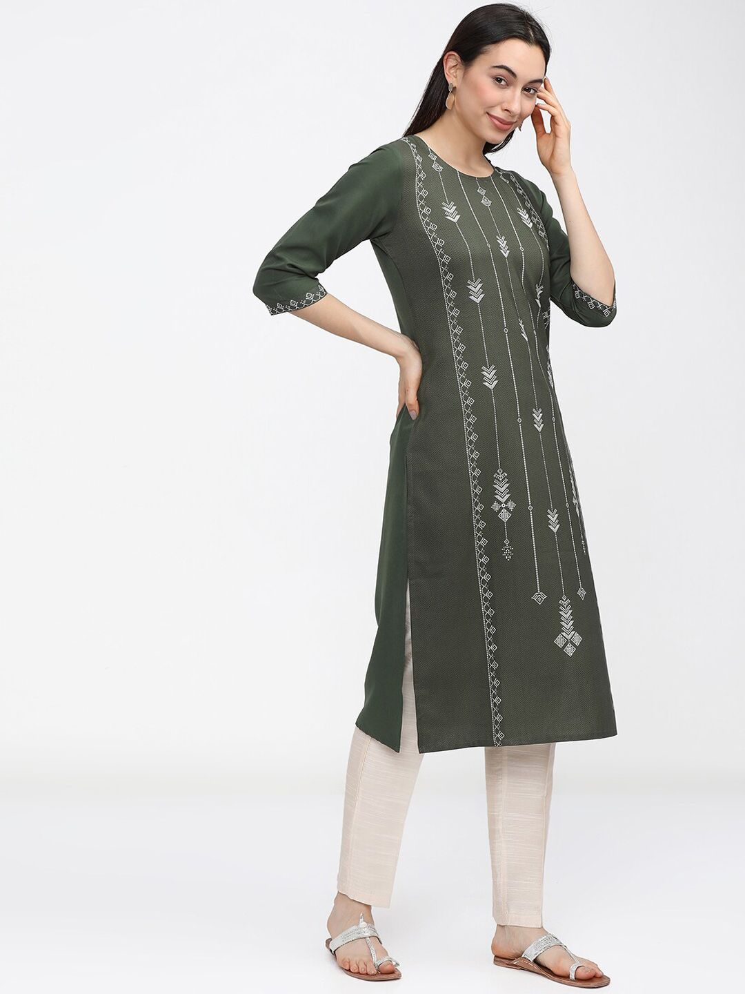 KETCH Women Olive Green Ethnic Motifs Printed Kurta Price in India