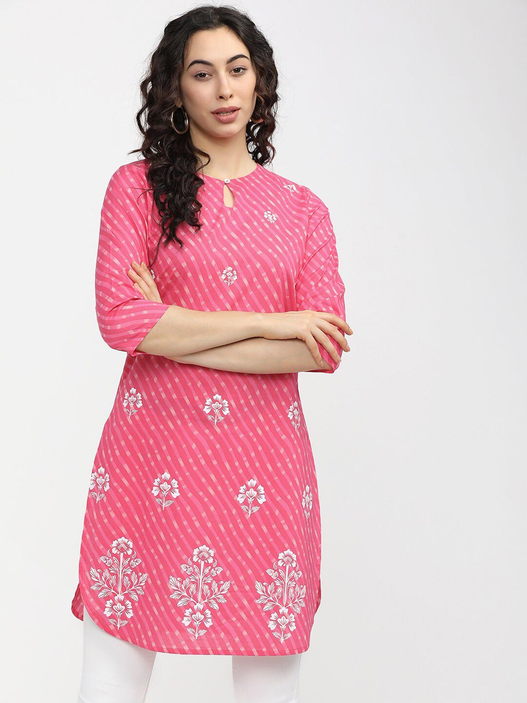 Vishudh Pink & White Printed Cotton Tunic Price in India