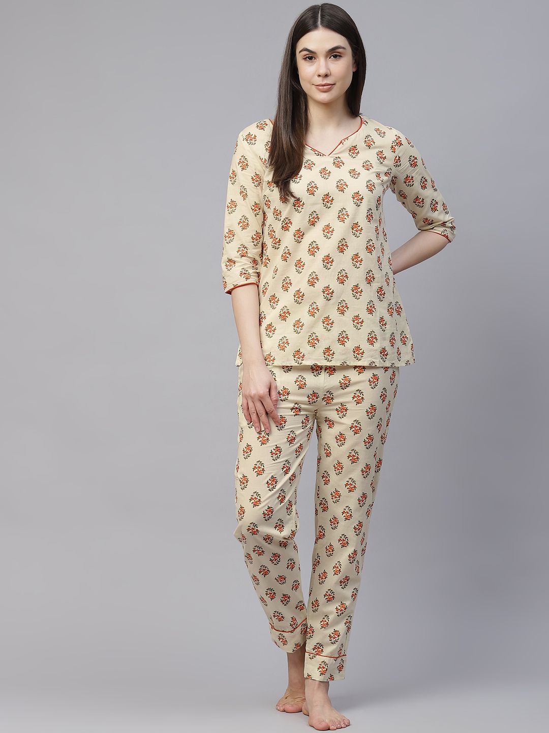 Fusion Threads Women Cream-Coloured & Orange Pure Cotton Printed Night suit Price in India