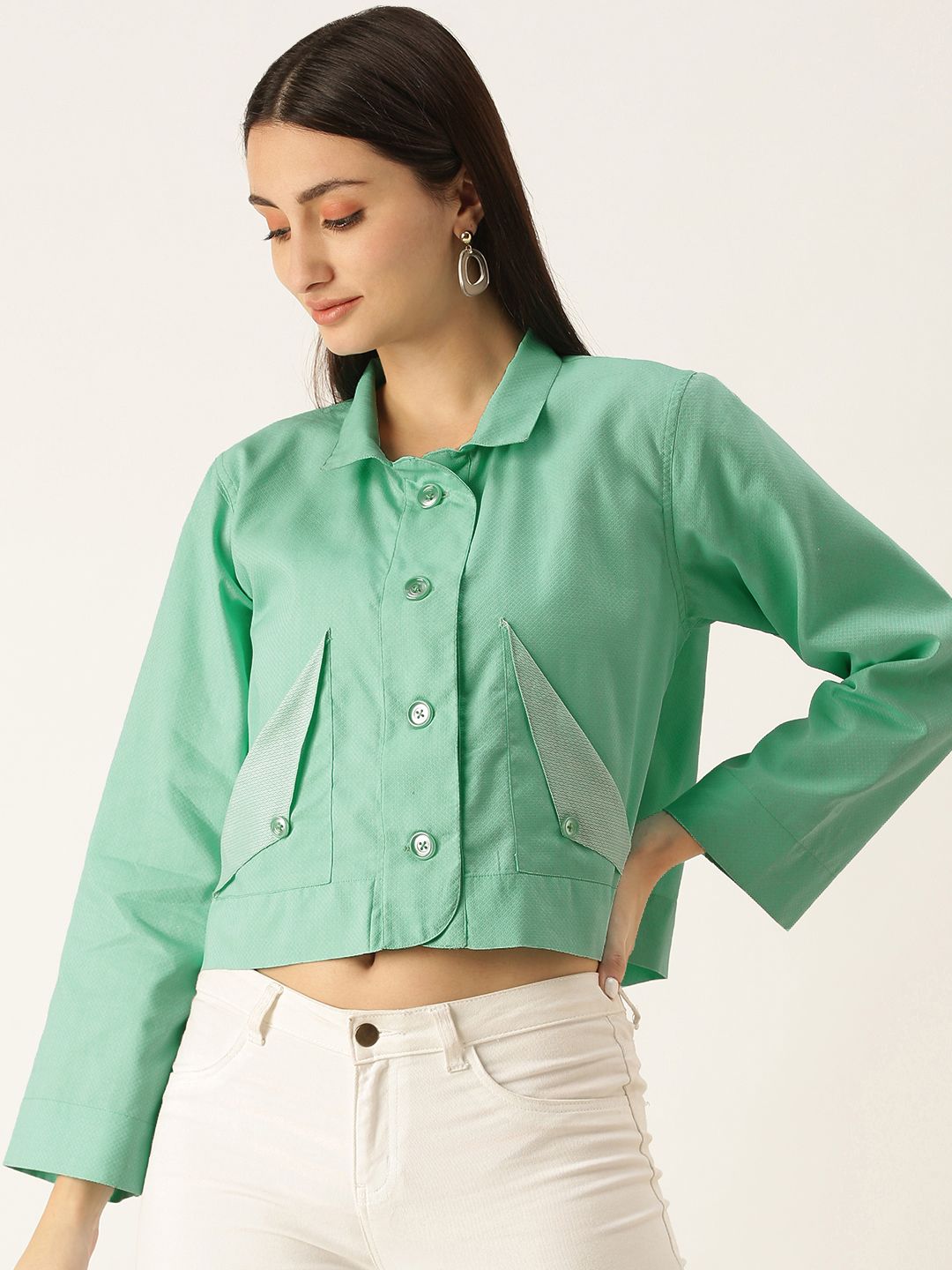 COUPER & COLL Women Sea Green Crop Cotton Tailored Jacket Price in India