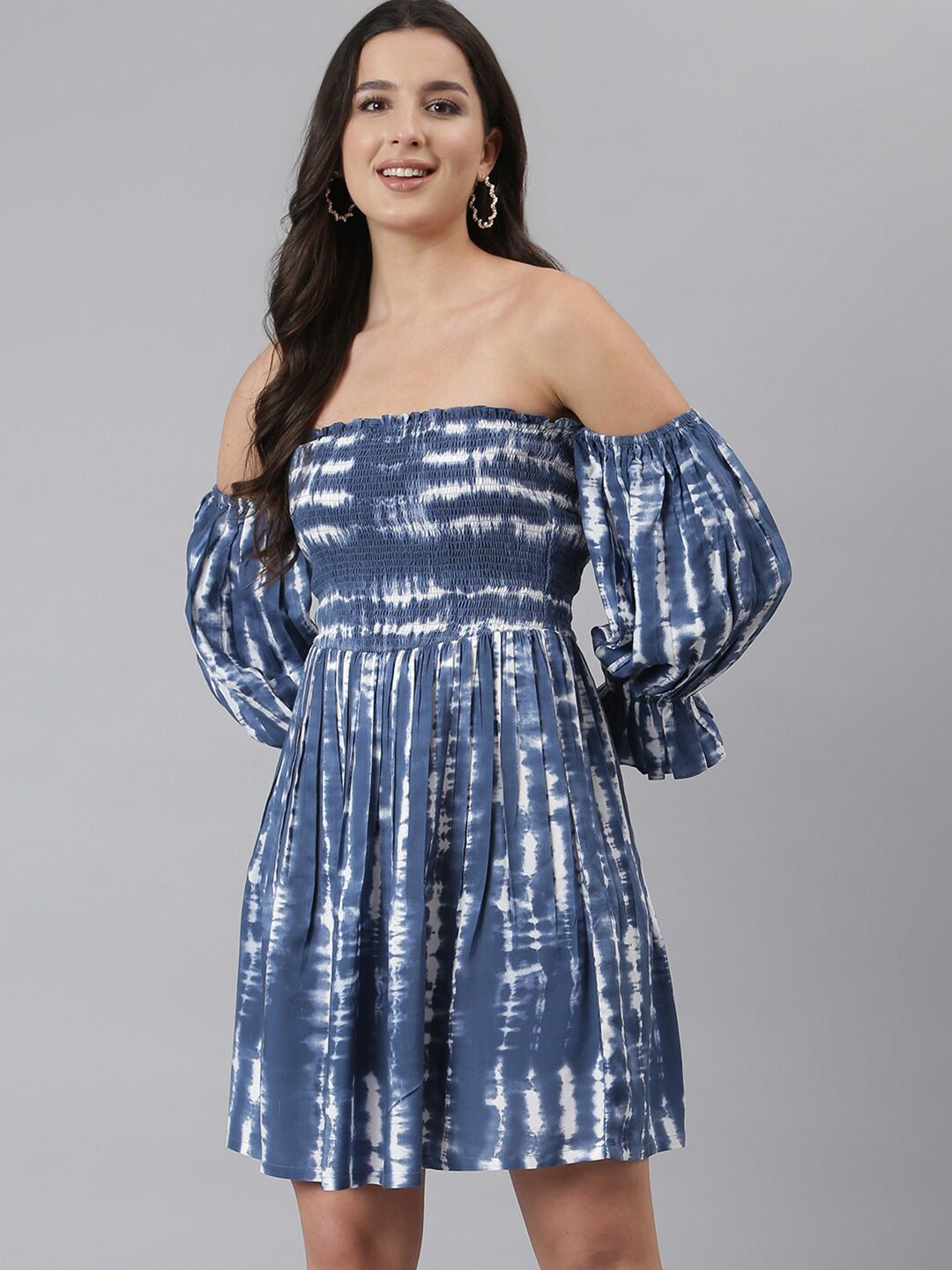 DEEBACO Blue & White Tie and Dye Off-Shoulder Dress Price in India