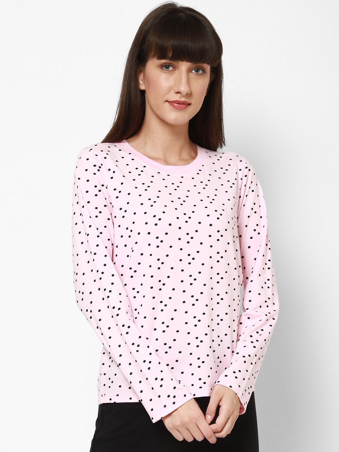 HOUSE OF KKARMA Women Pink & Black Polka Printed Cotton Lounge T-shirt Price in India