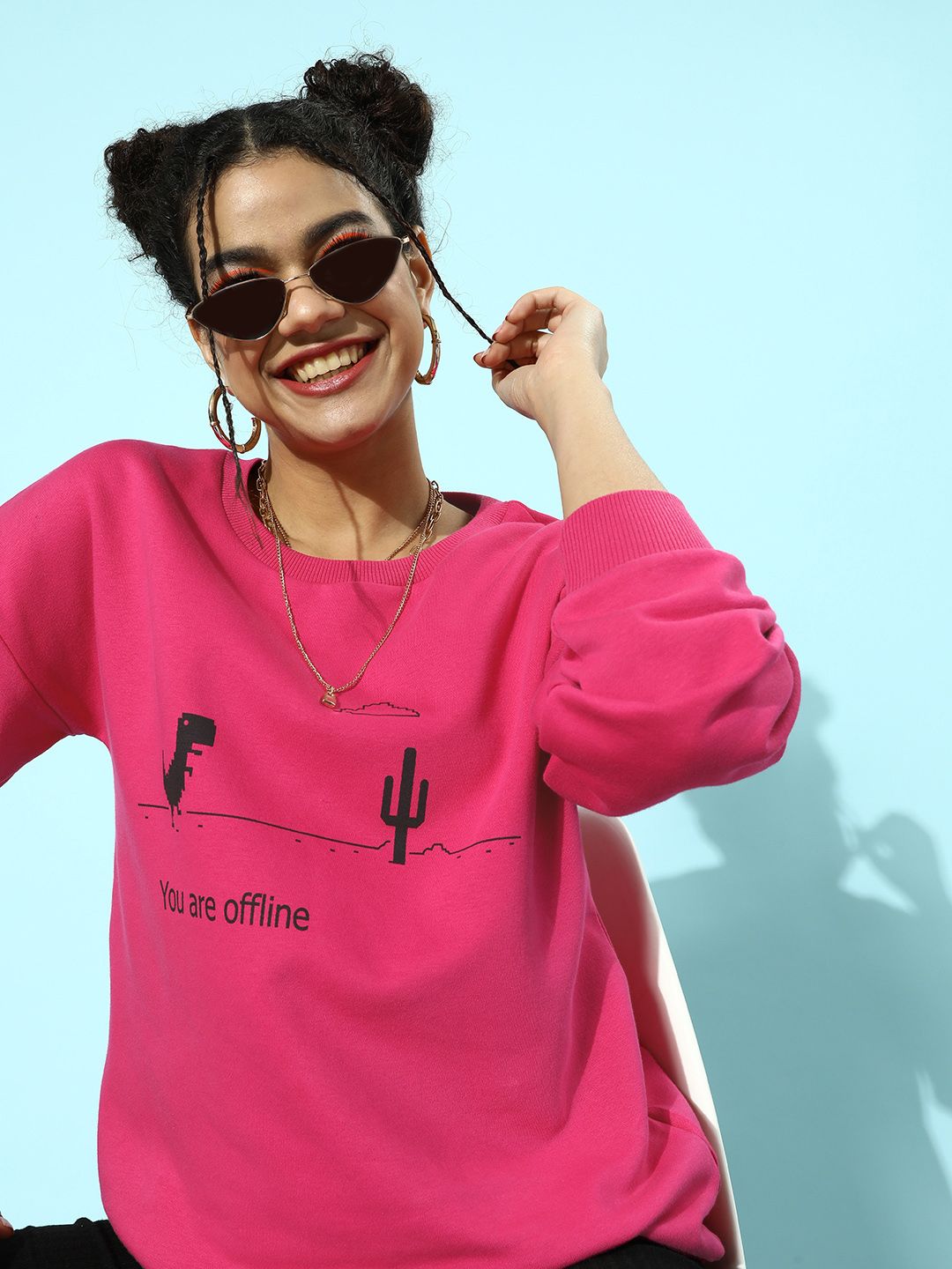 STREET 9 Women Chic Fuchsia Graphic Drop-Shoulder Sleeves Sweatshirt Price in India