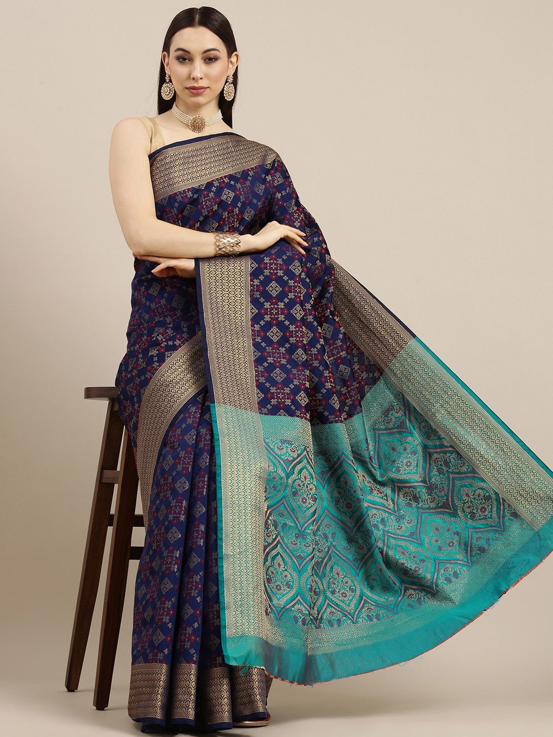 all about you Navy Blue Woven Design Silk Blend Saree Price in India