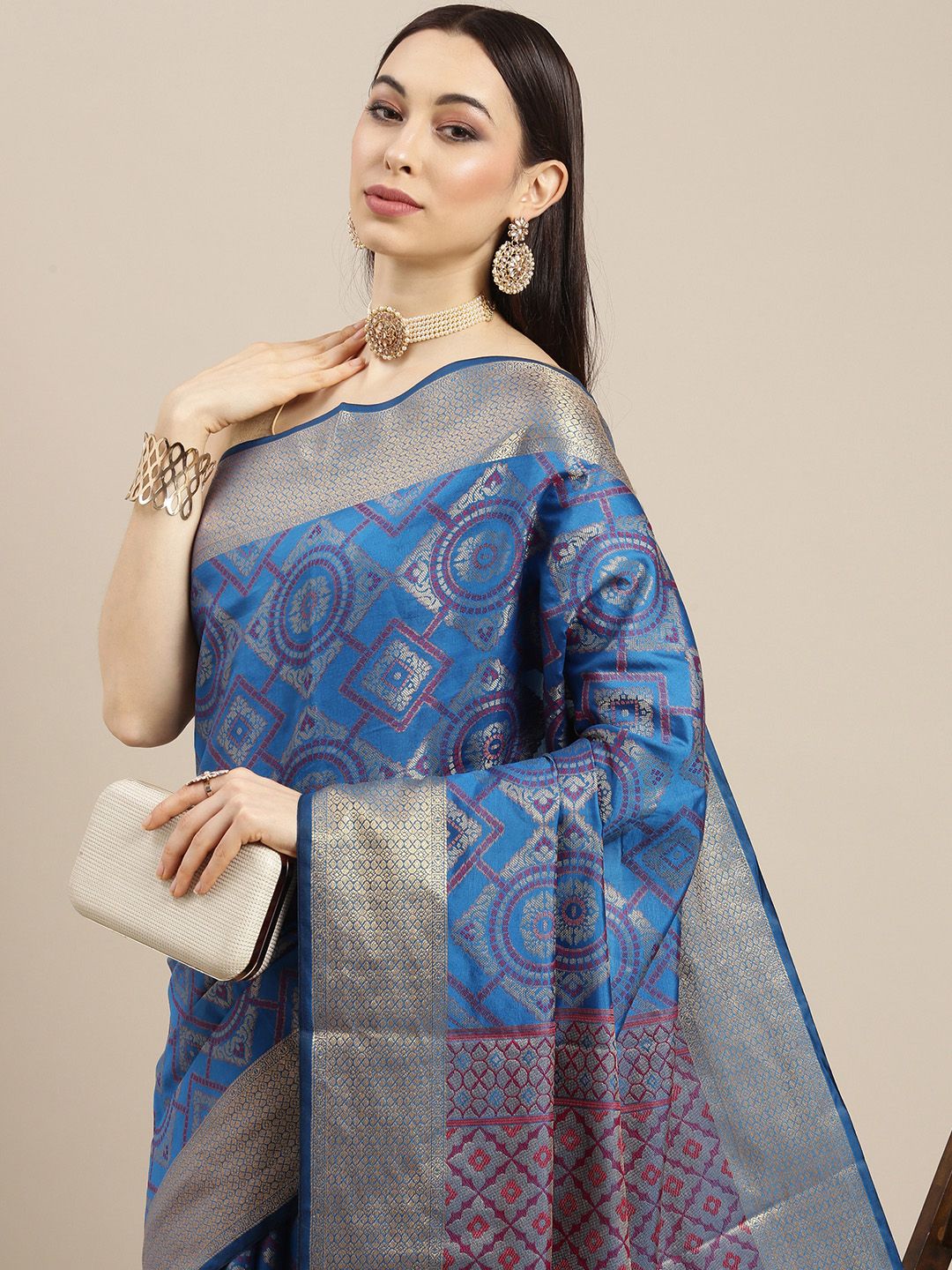 all about you Blue Woven Design Silk Blend Saree