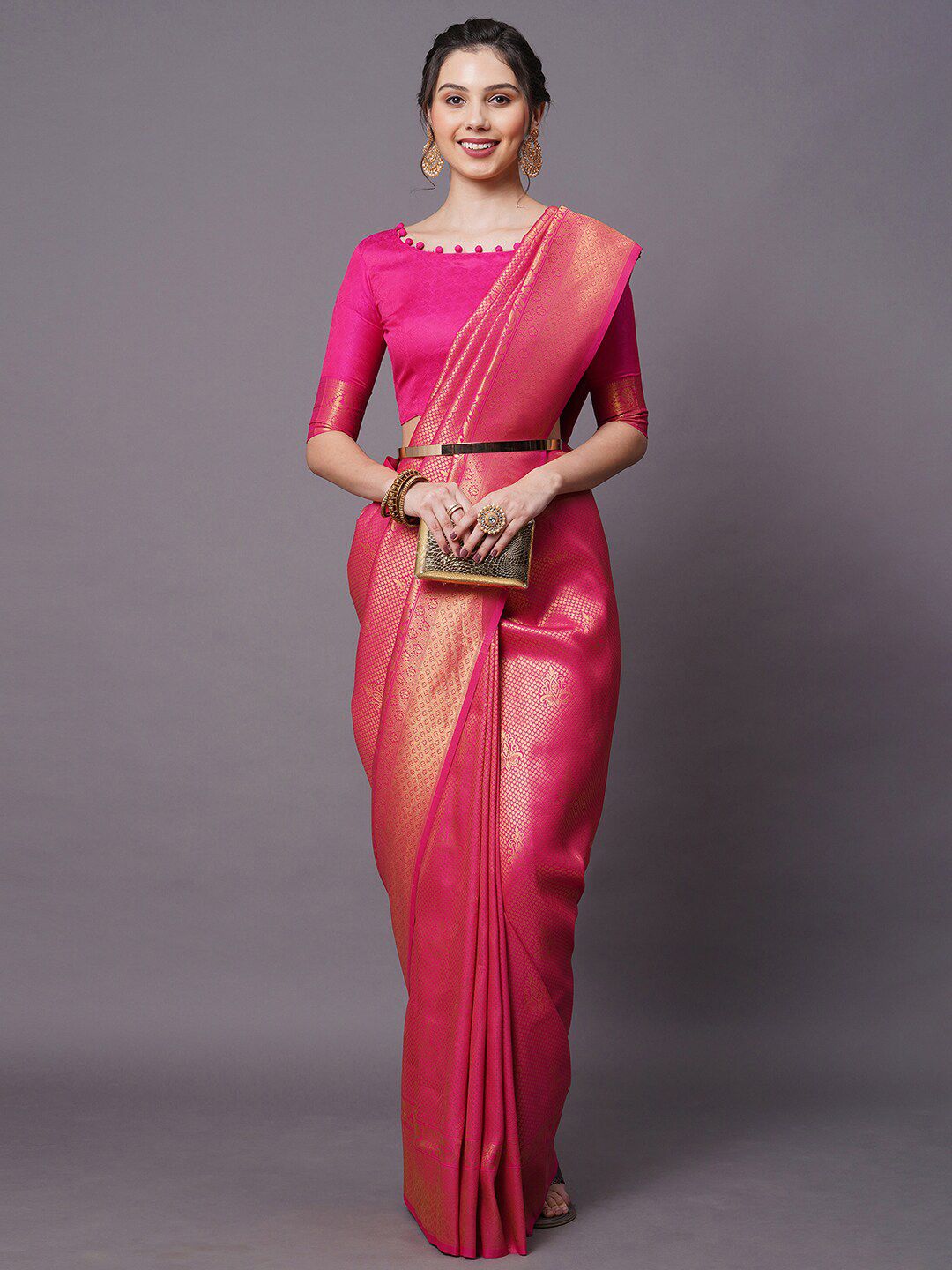 Mitera Women Pink Woven Design Silk Blend Saree Price in India
