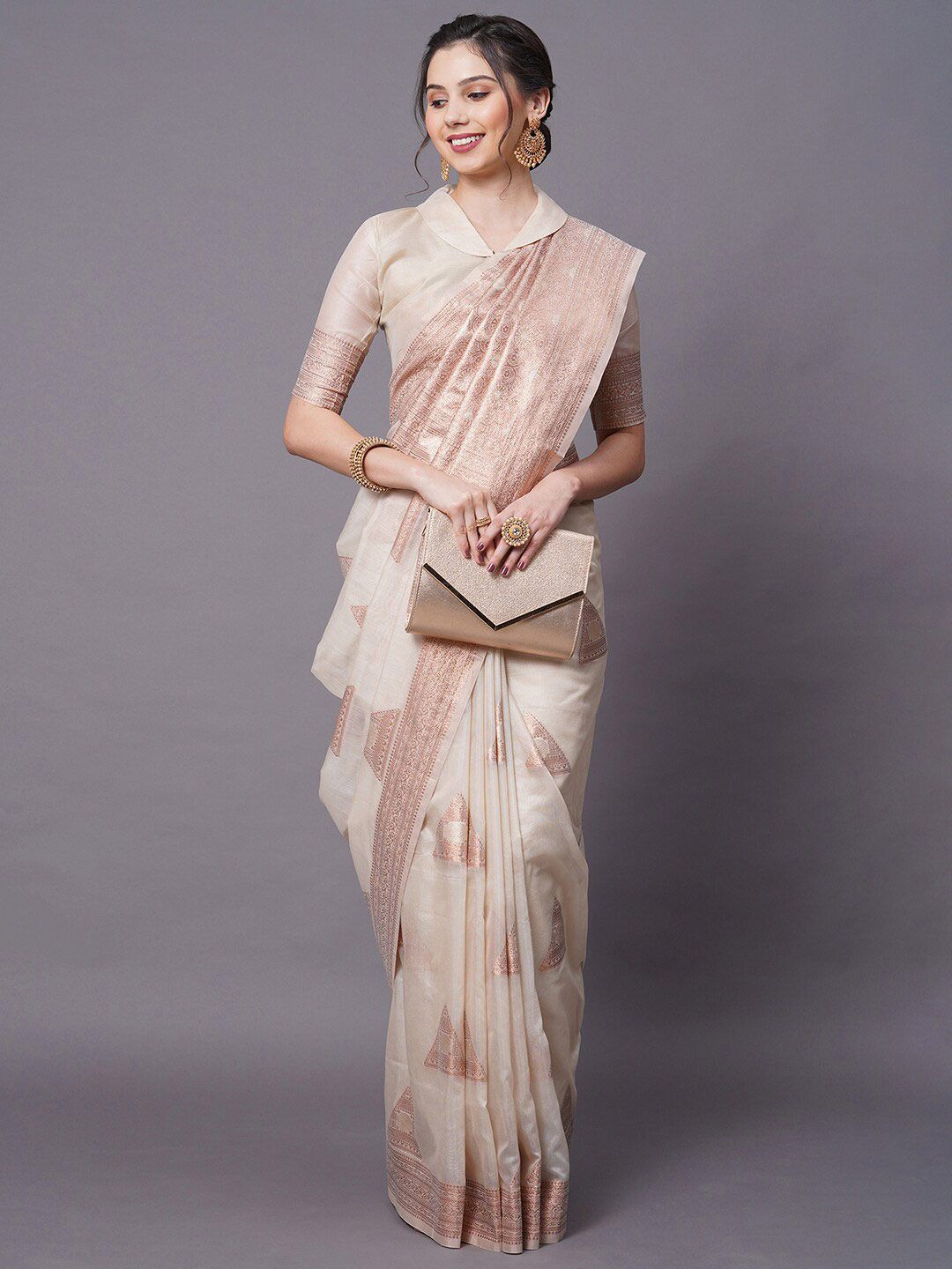 Mitera Cream-Coloured & Gold-Toned Woven Design Silk Blend Banarasi Saree Price in India