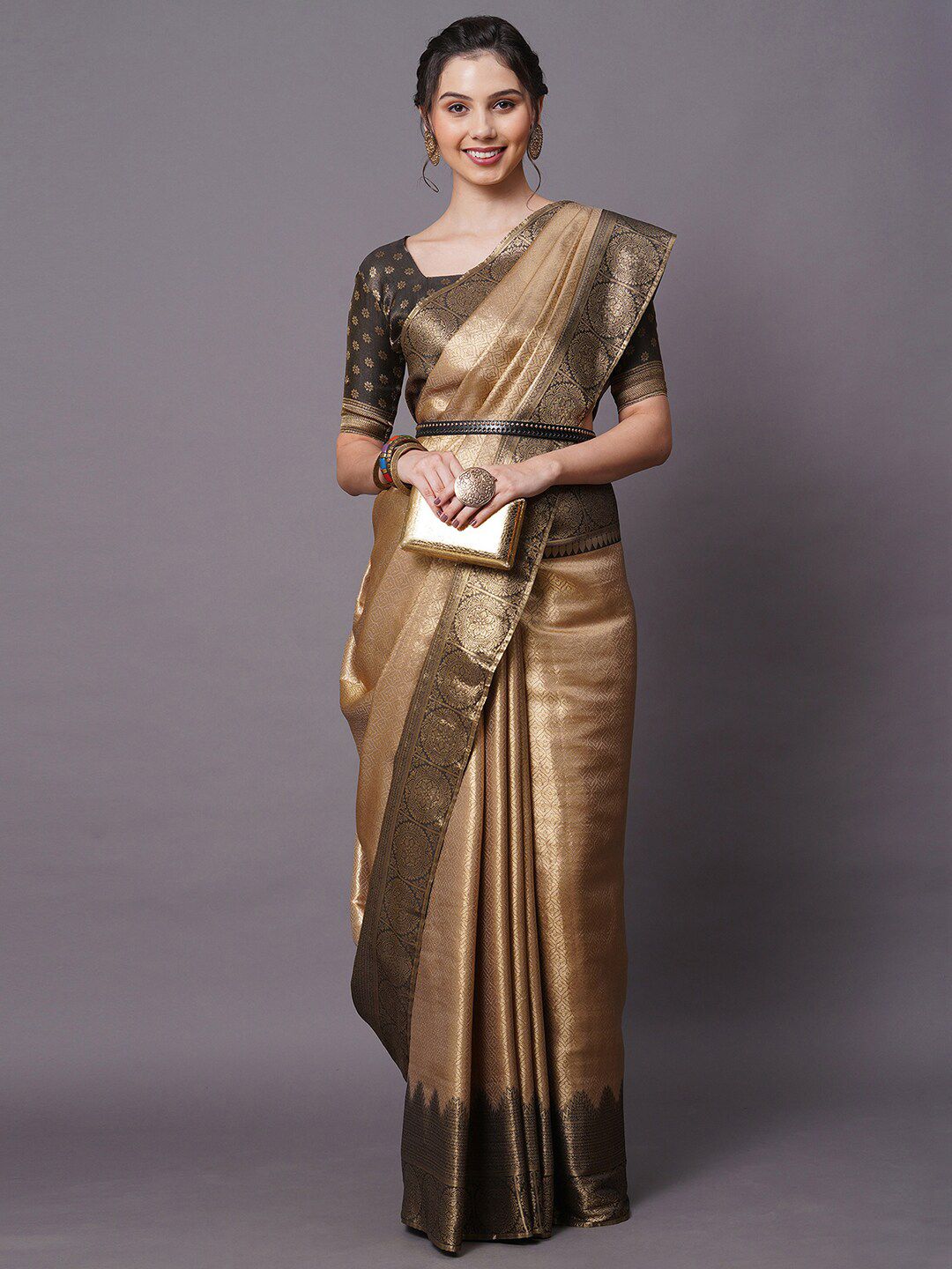 Mitera Beige & Gold-Toned Woven Design Zari Silk Blend Banarasi Saree Price in India