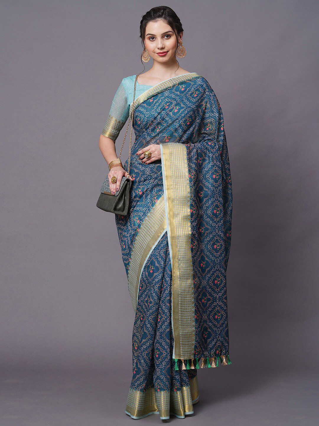 Mitera Women Blue Printed Linen Blend Saree Price in India