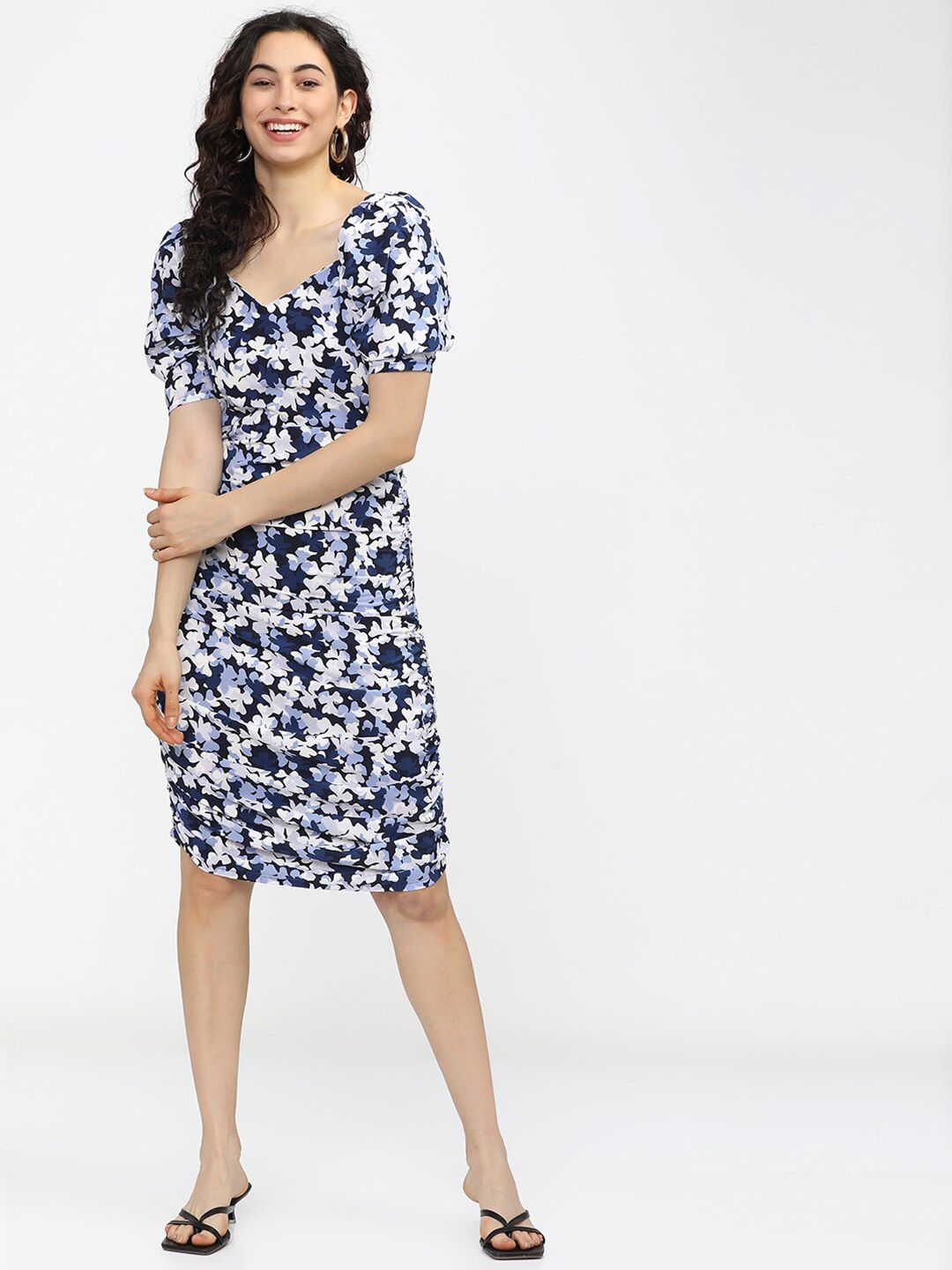 Tokyo Talkies Blue & White Floral A-Line Dress Price in India