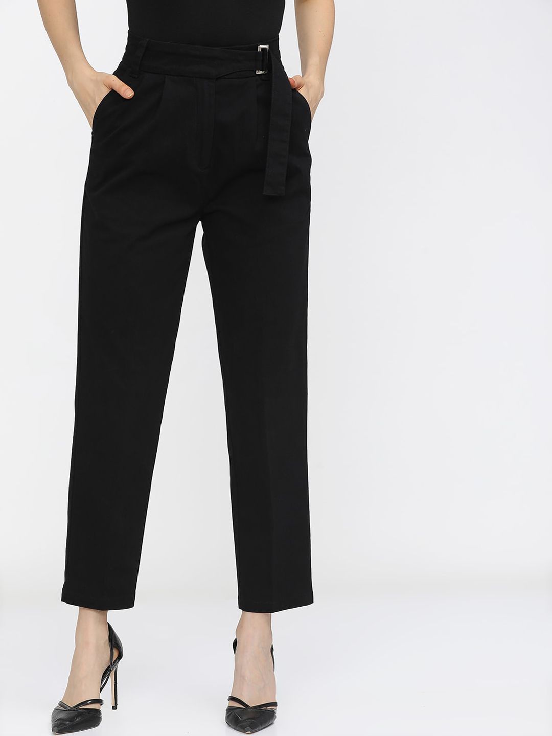 Tokyo Talkies Women Black Tapered Fit Pleated Peg Trousers Price in India