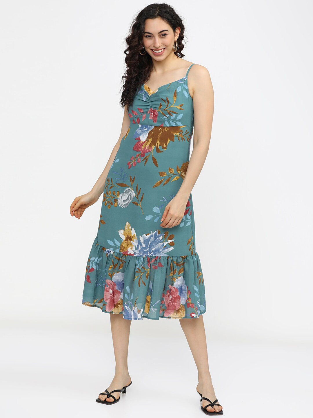 Tokyo Talkies Blue Floral A-Line Midi Dress Price in India