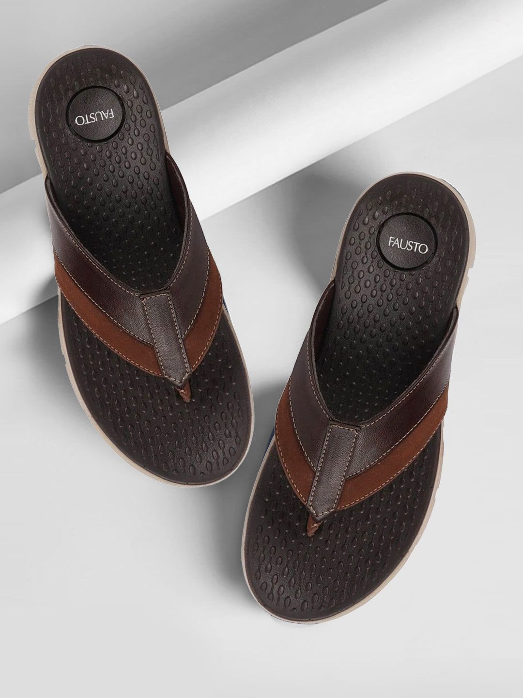 FAUSTO Men Brown & Beige Thong Flip-Flops