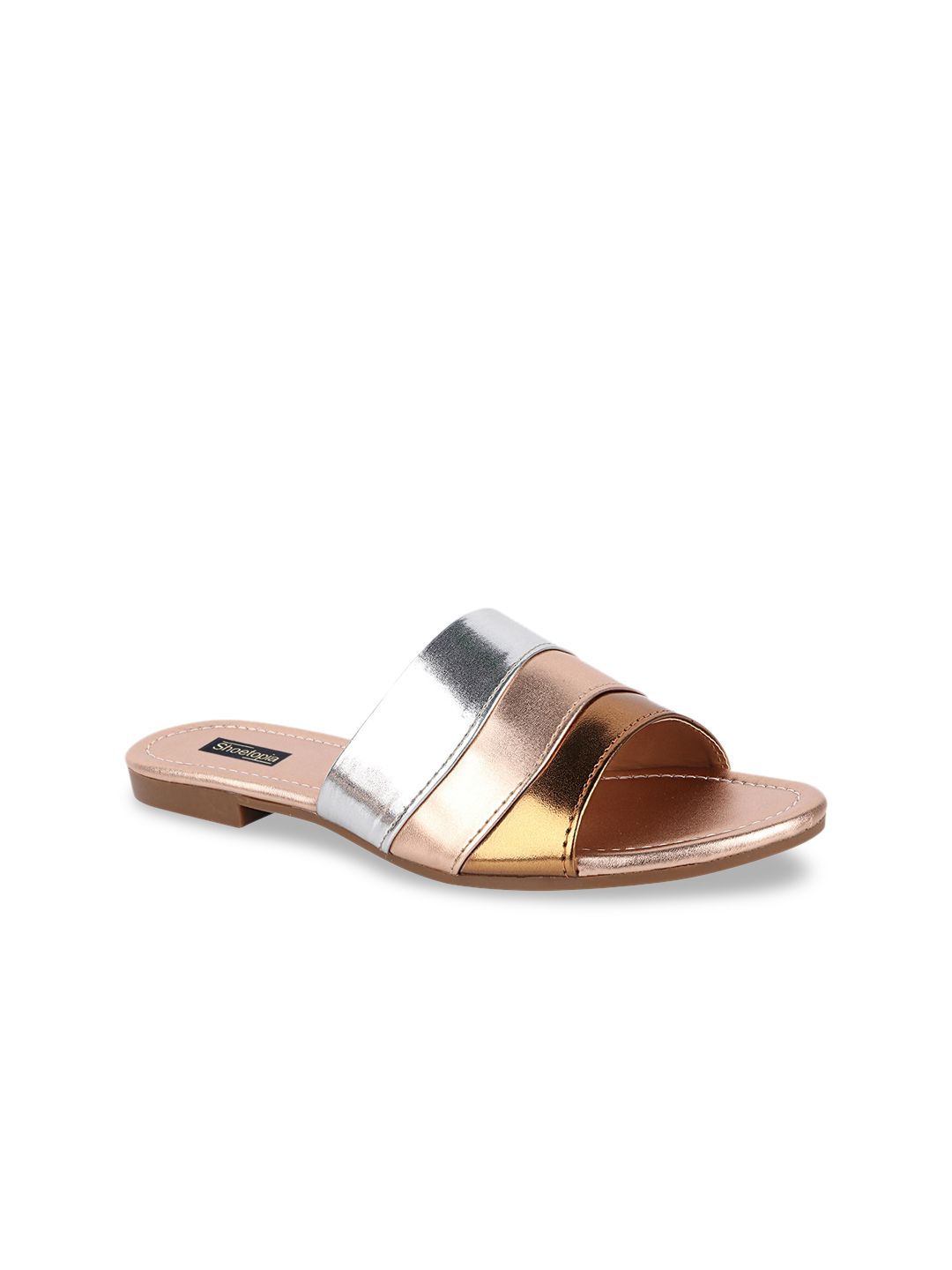 Shoetopia Women Copper-Toned Colourblocked Open Toe Flats Price in India