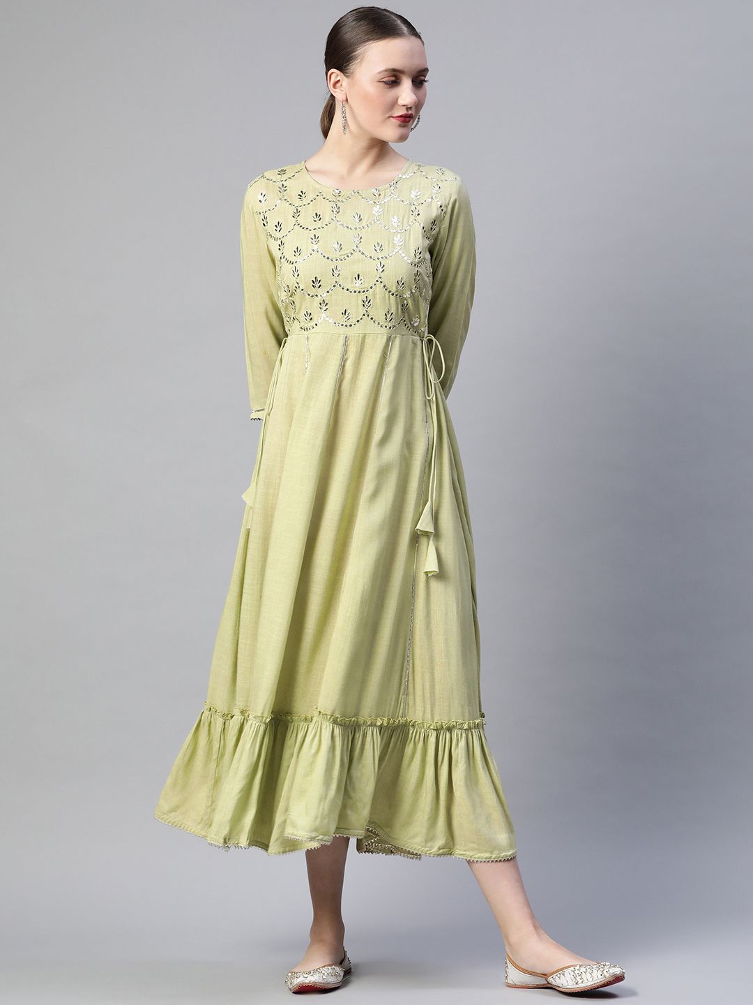 Readiprint Fashions Lime Green & Silver Floral Yoke Embroidered Midi Fit & Flare Dress Price in India