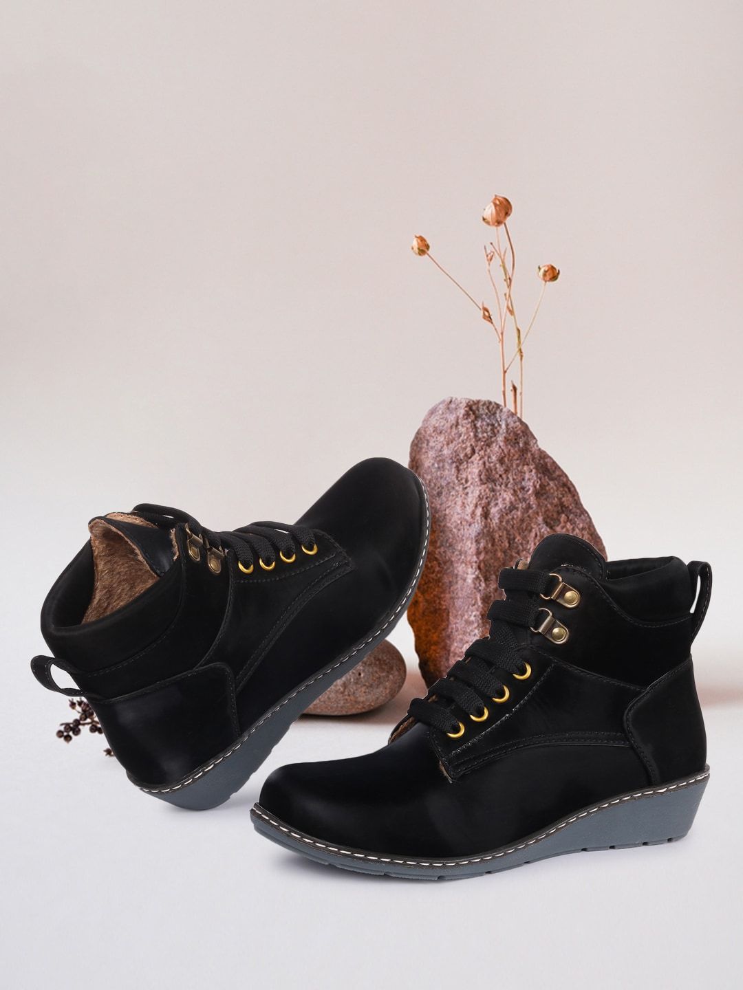TWIN TOES Black Wedge Heeled Boots Price in India