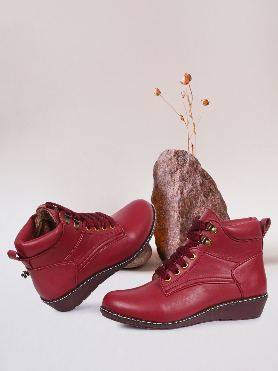 TWIN TOES Maroon Wedge Heeled Boots Price in India