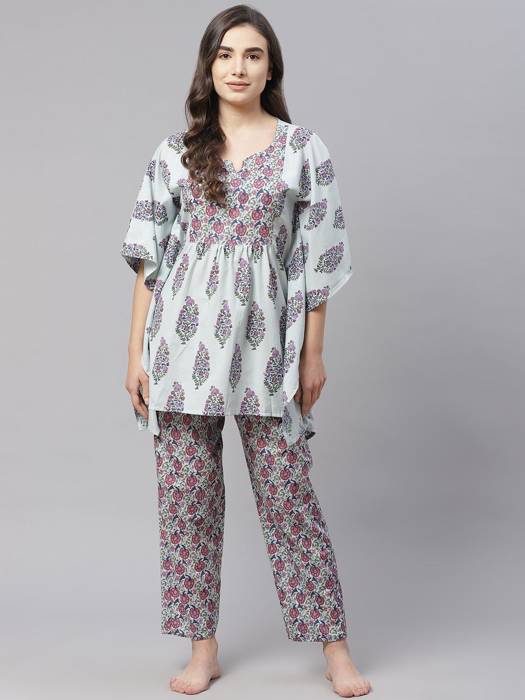 Laado - Pamper Yourself Women Blue & Purple Floral Print Pyjama Set Price in India