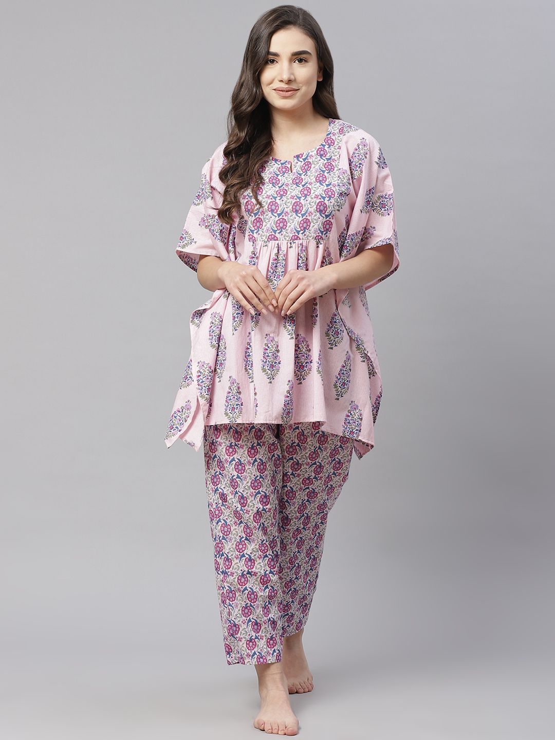 Laado - Pamper Yourself Women Pink & Blue Floral Printed Pyjama Set Price in India