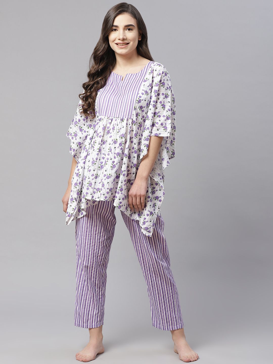 Laado - Pamper Yourself Women Purple & White Floral Printed Cotton Pyjama Set Price in India