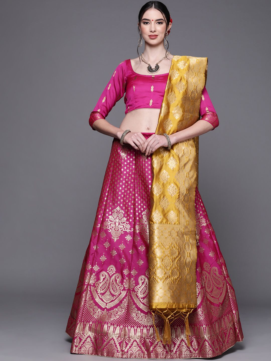 Chhabra 555 Magenta & Gold Semi-Stitched Banarasi Zari Lehenga & Unstitched Blouse Dupatta Price in India