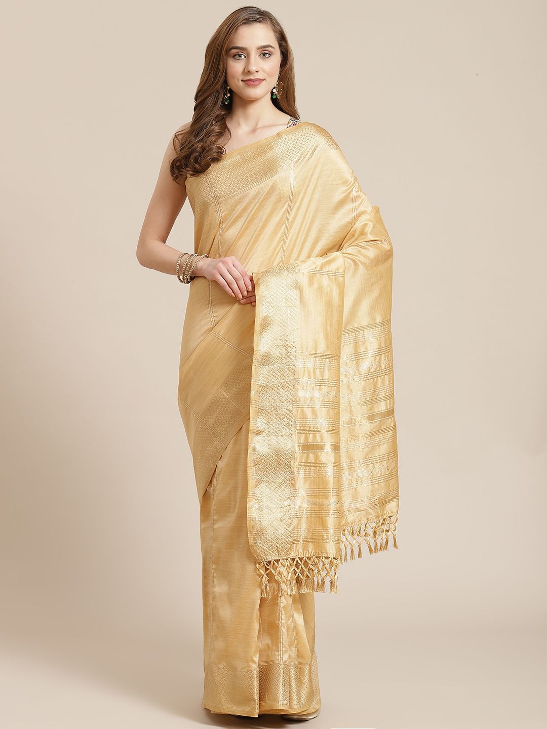 SHANGRILA Women Beige Ethnic Motifs Mysore Silk Saree Price in India