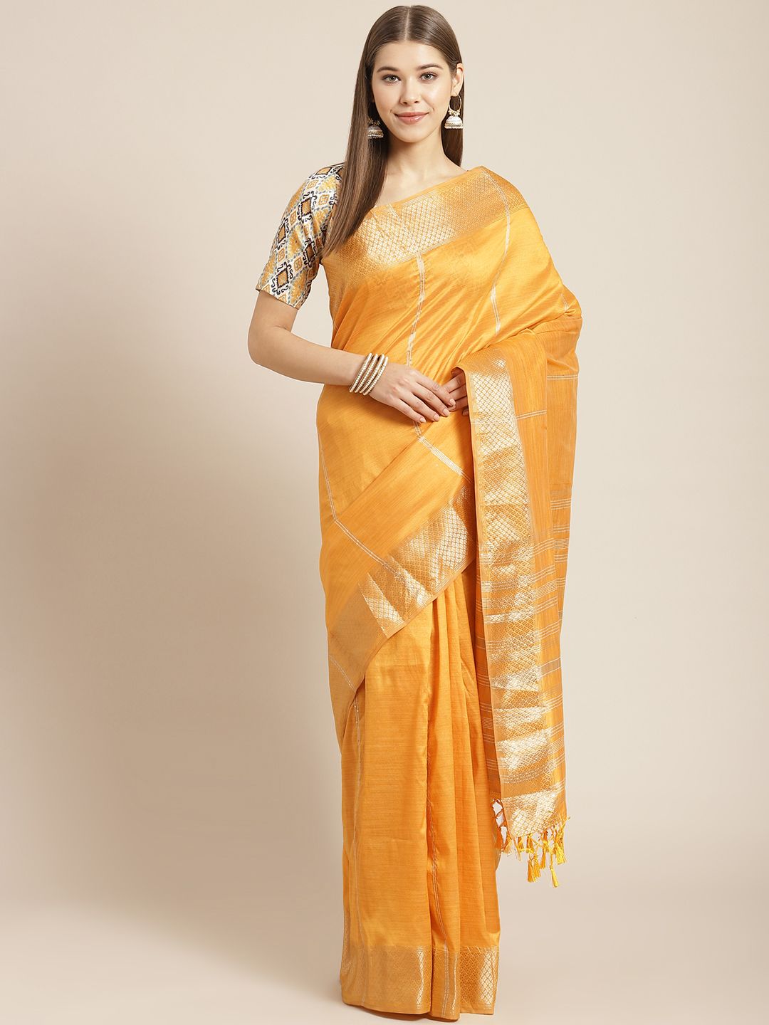 SHANGRILA Mustard Yellow & Gold Striped Sequinned Celebrity Art Silk Mysore Silk Saree Price in India