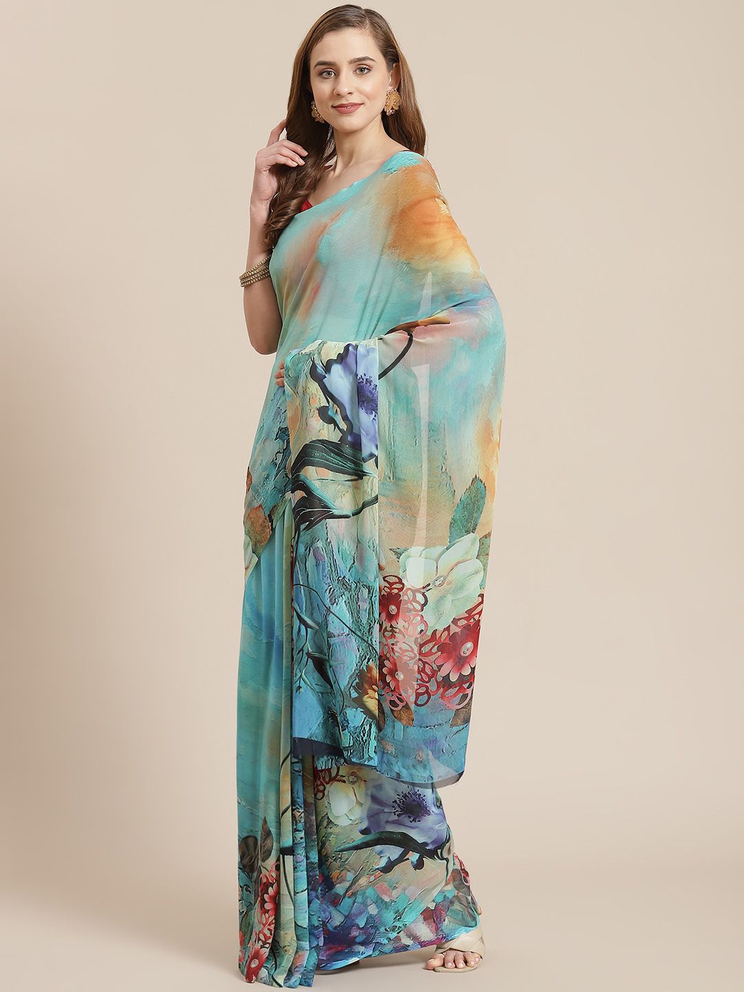 SHANGRILA Blue & Green Digital Floral Print Celebrity Art Silk Saree Price in India