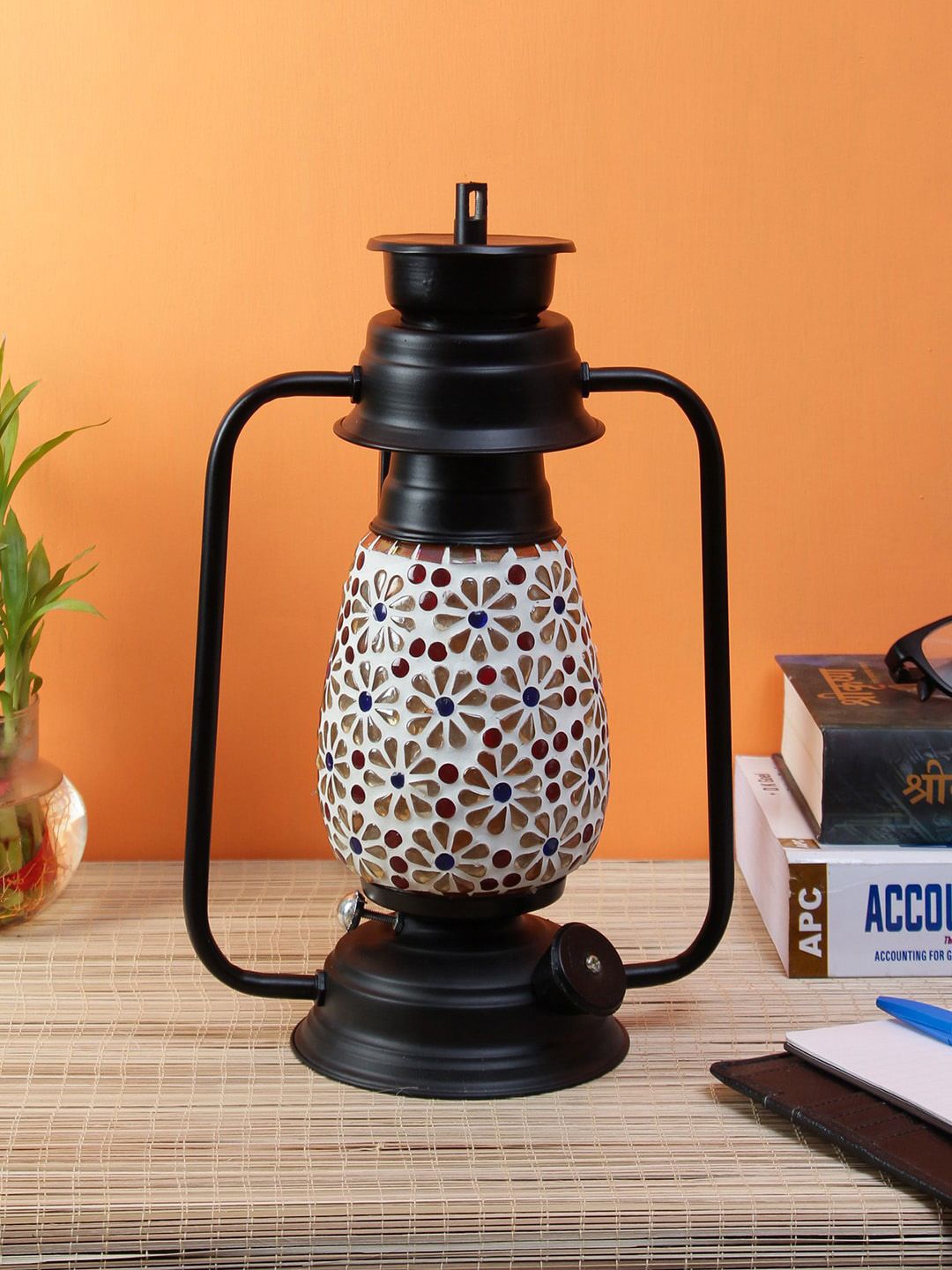 Devansh Black & White Mosaic Lantern Table Lamp Price in India