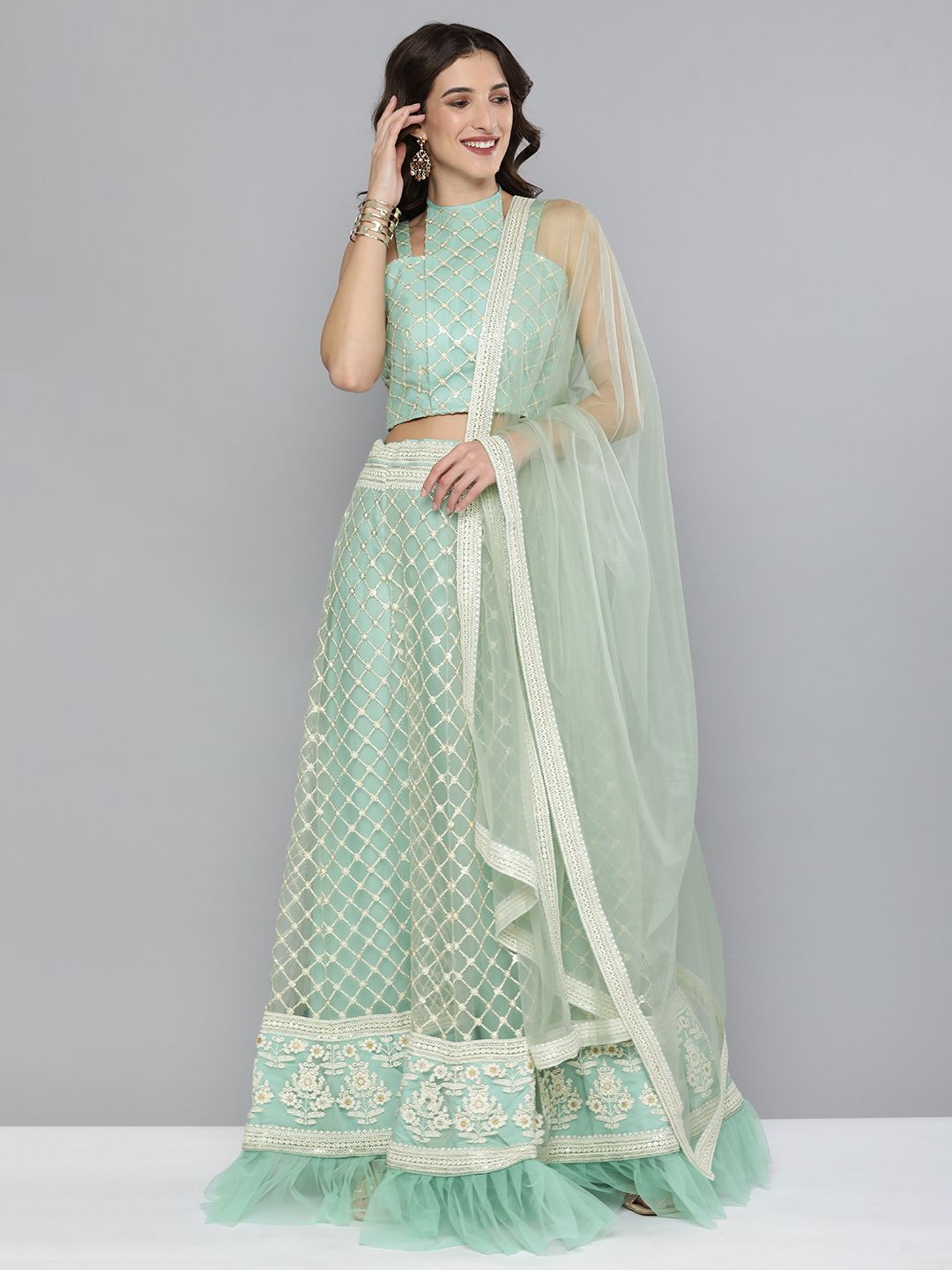 Kvsfab Turquoise Blue & Cream-Coloured Embroidered Sequinned Semi-Stitched Lehenga & Unstitched Blouse With Price in India