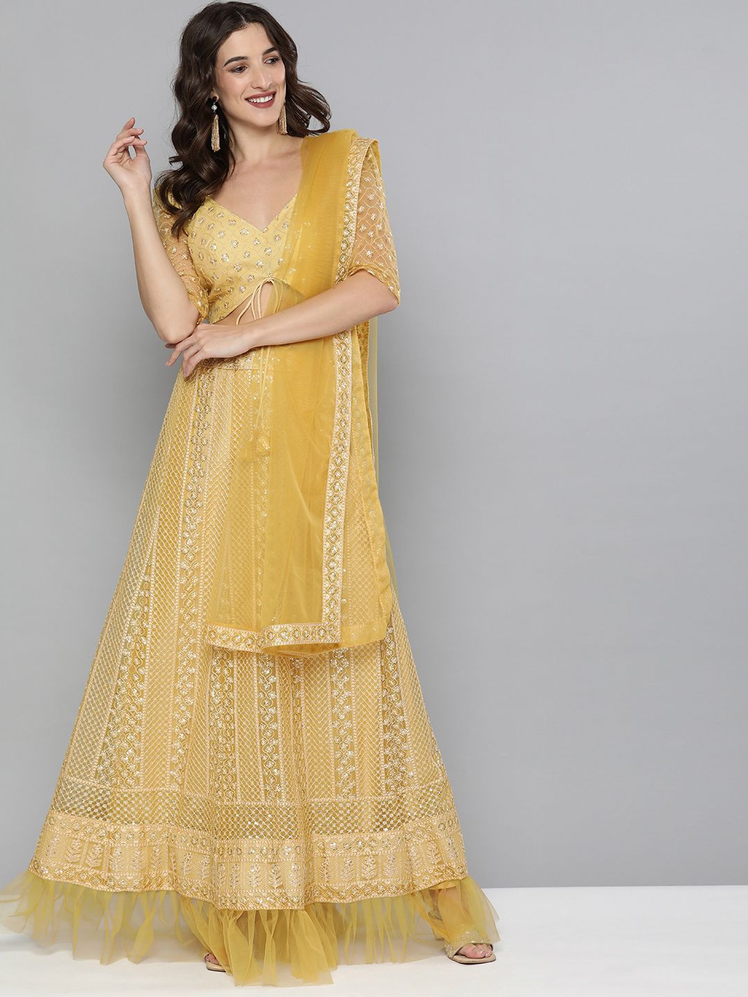 Kvsfab Yellow & White Embroidered Sequinned Semi-Stitched Lehenga & Unstitched Blouse With Dupatta Price in India