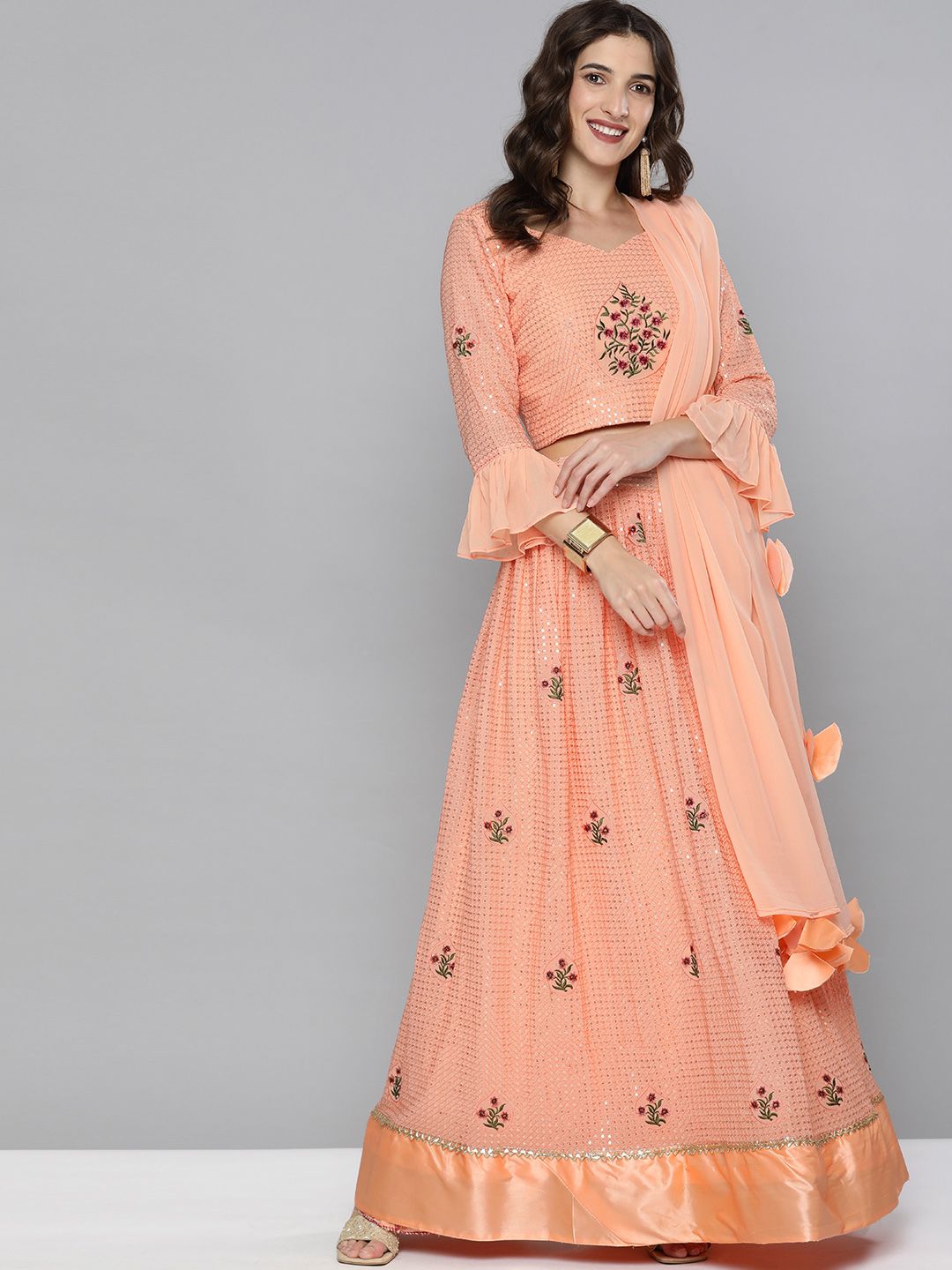 Kvsfab Peach-Coloured & Red Embroidered Sequinned Semi-Stitched Lehenga & Unstitched Blouse With Dupatta Price in India