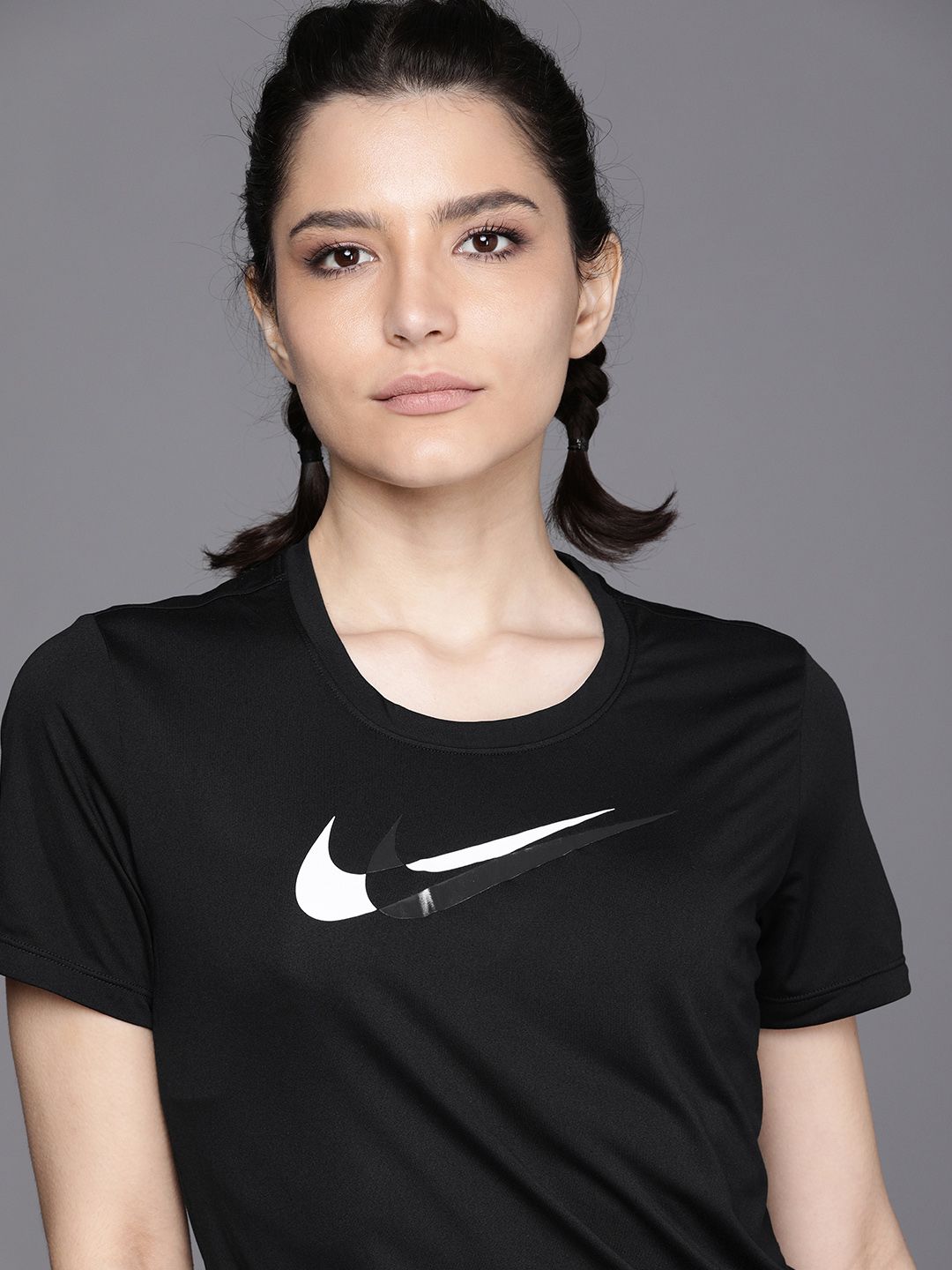 Nike Women Black & White Brand Logo Printed Dri-FIT Swoosh Running T-shirt Price in India