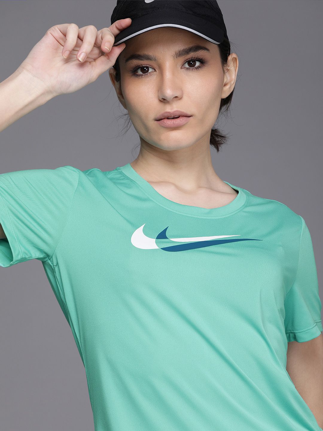 Nike Women Teal Green & White Brand Logo Printed Dri-FIT Swoosh Running T-shirt Price in India