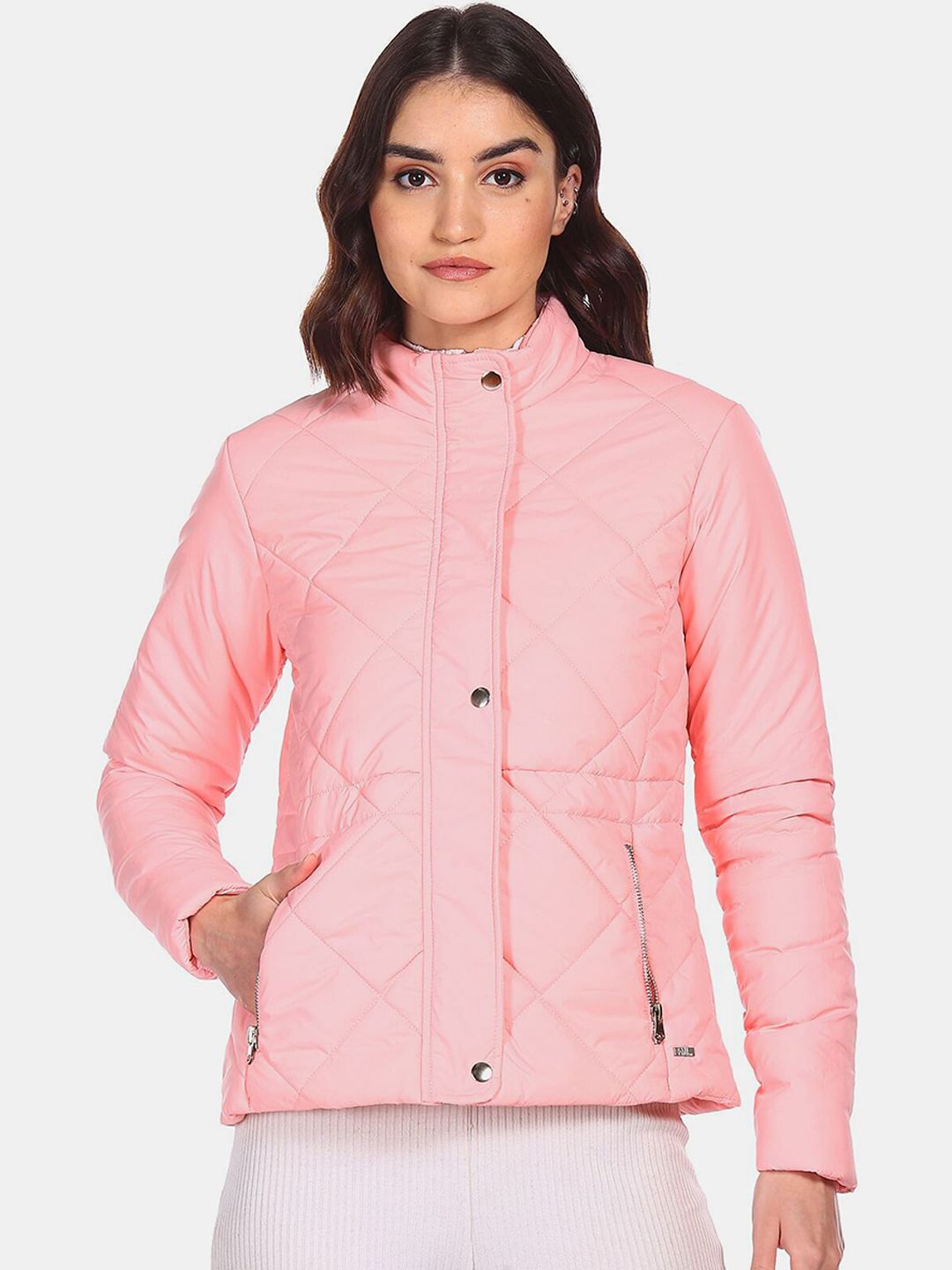 Flying Machine Women Pink Geometric Quilted Jacket Price in India