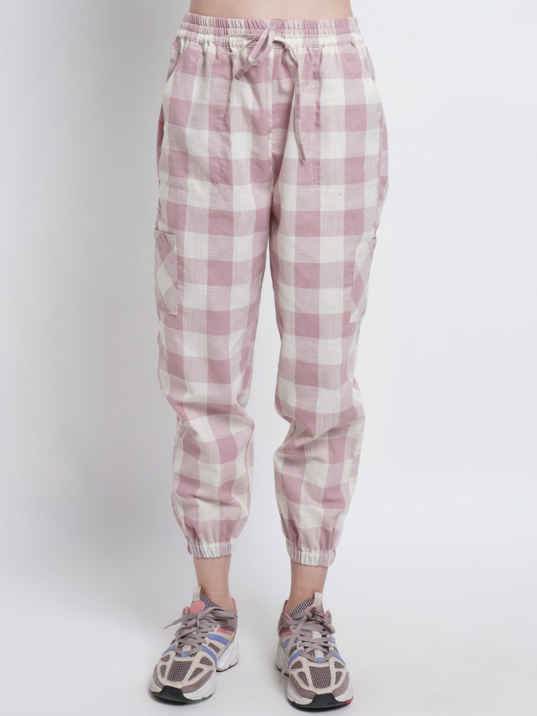 Purple State Women Pink Checked Pure Cotton Joggers Trousers Price in India